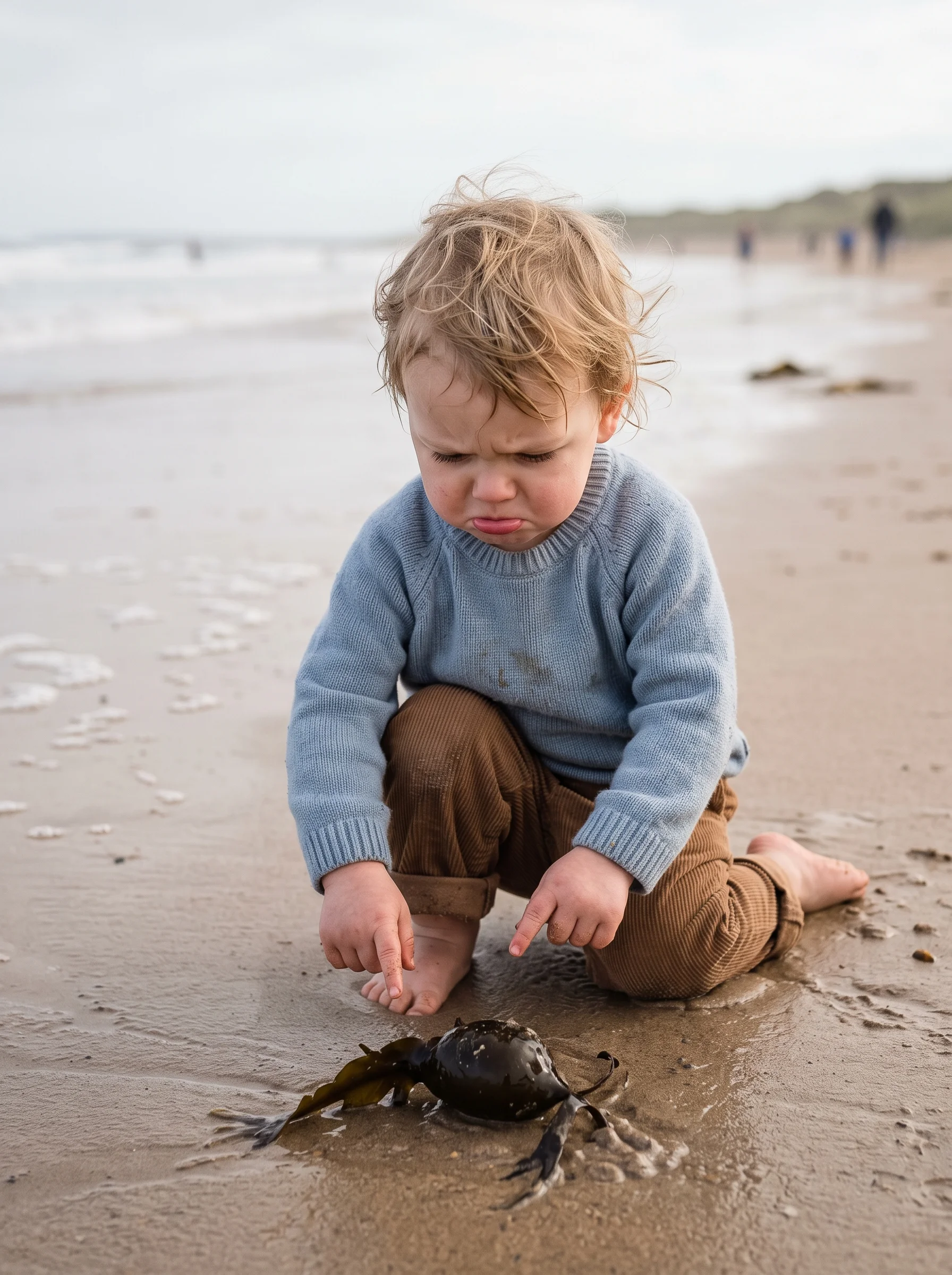 A toddler in a blue sweater and brown trousers crouches on the wet sand, pointing at a piece of seaweed.