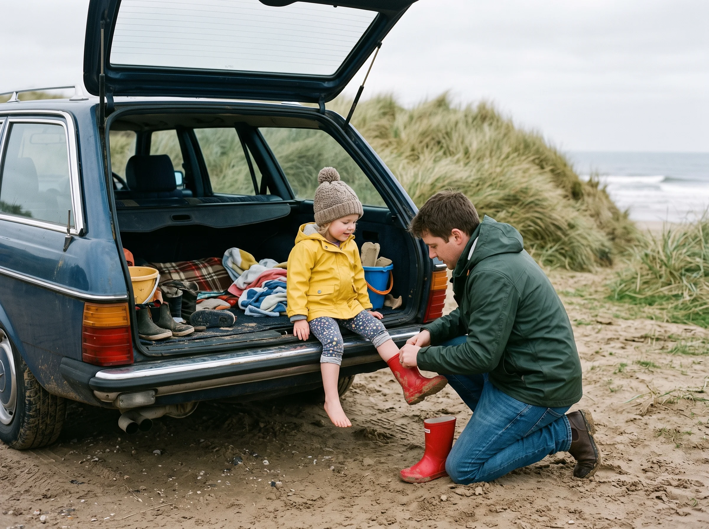 A parent crouches on the sand by an open car boot, putting a red welly onto a child sitting in the boot.