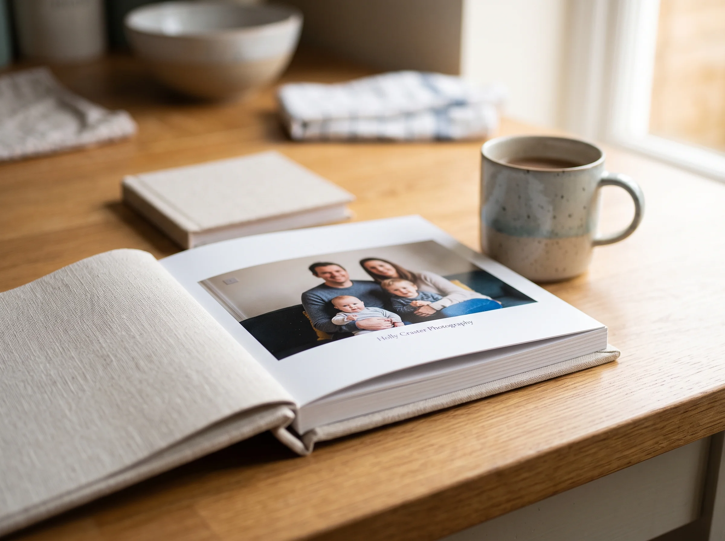 An open linen-bound photo album displaying a family portrait rests on a wooden kitchen table next to a ceramic mug.
