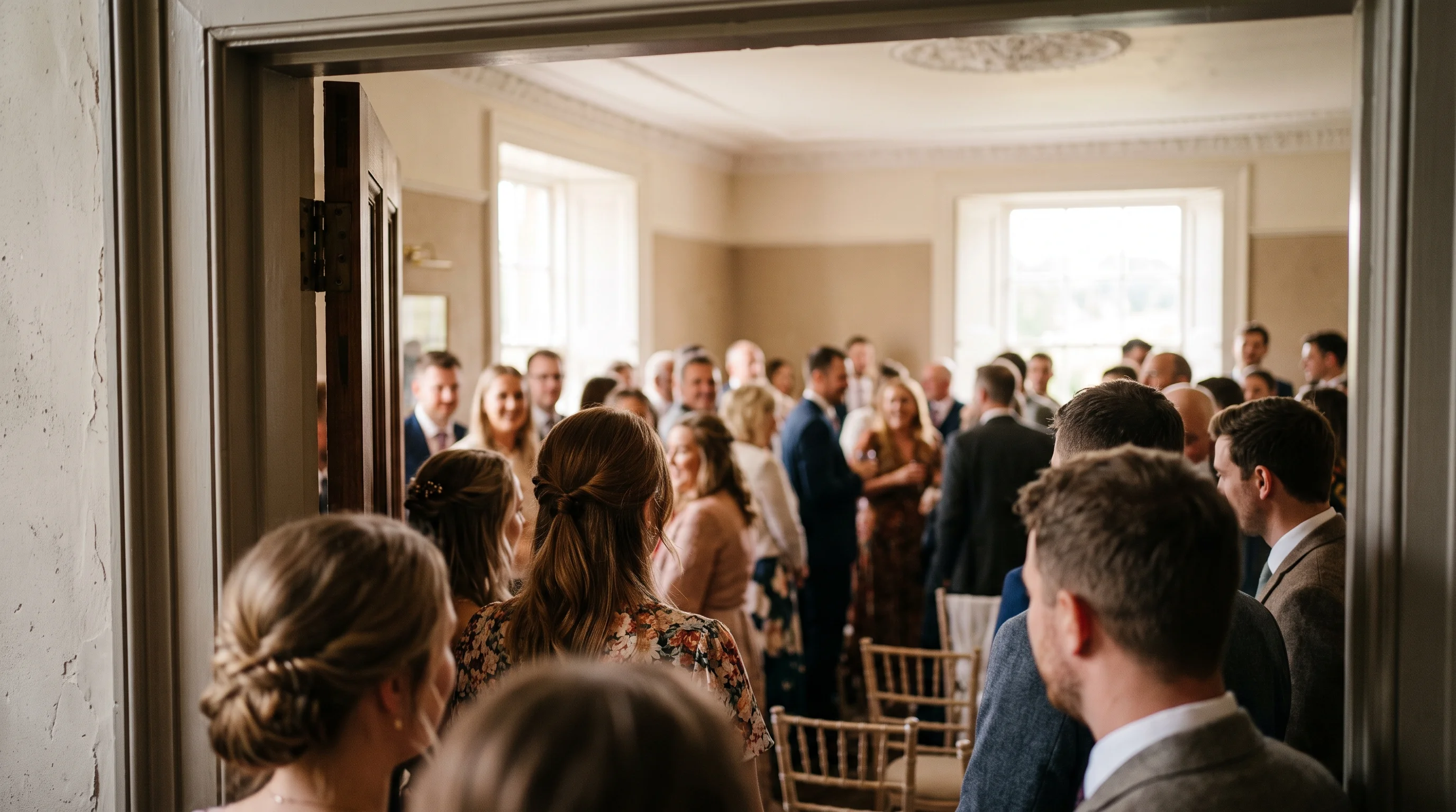 A room full of wedding guests deep in conversation, seen from a doorway, nobody looking towards the camera