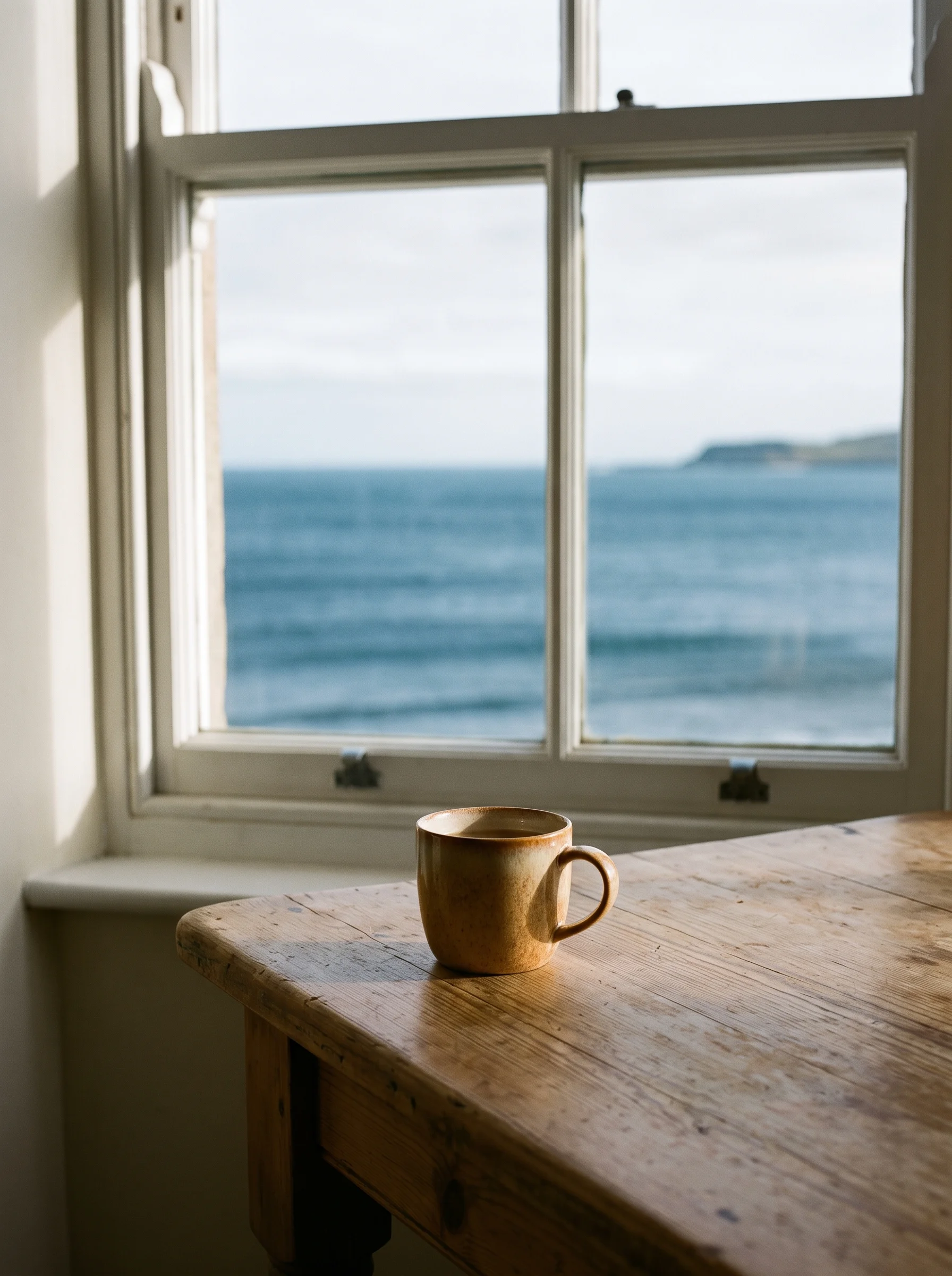 A bare wooden kitchen table beside a window, with a line of sea just visible outside