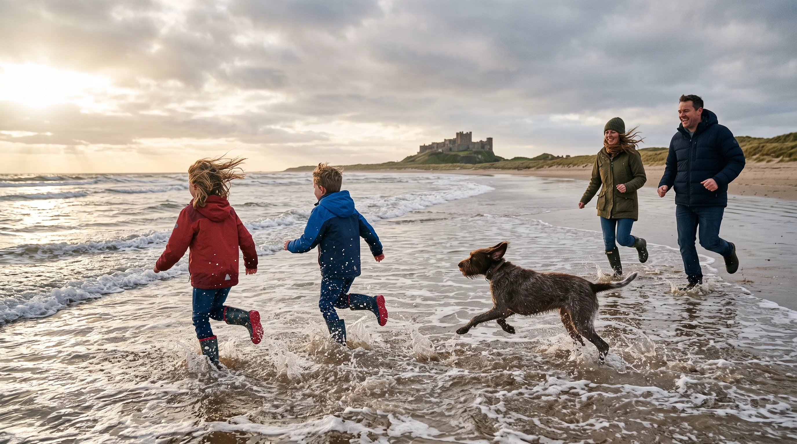 Two children and a dog race towards the surf on a windy beach while their parents run behind, laughing