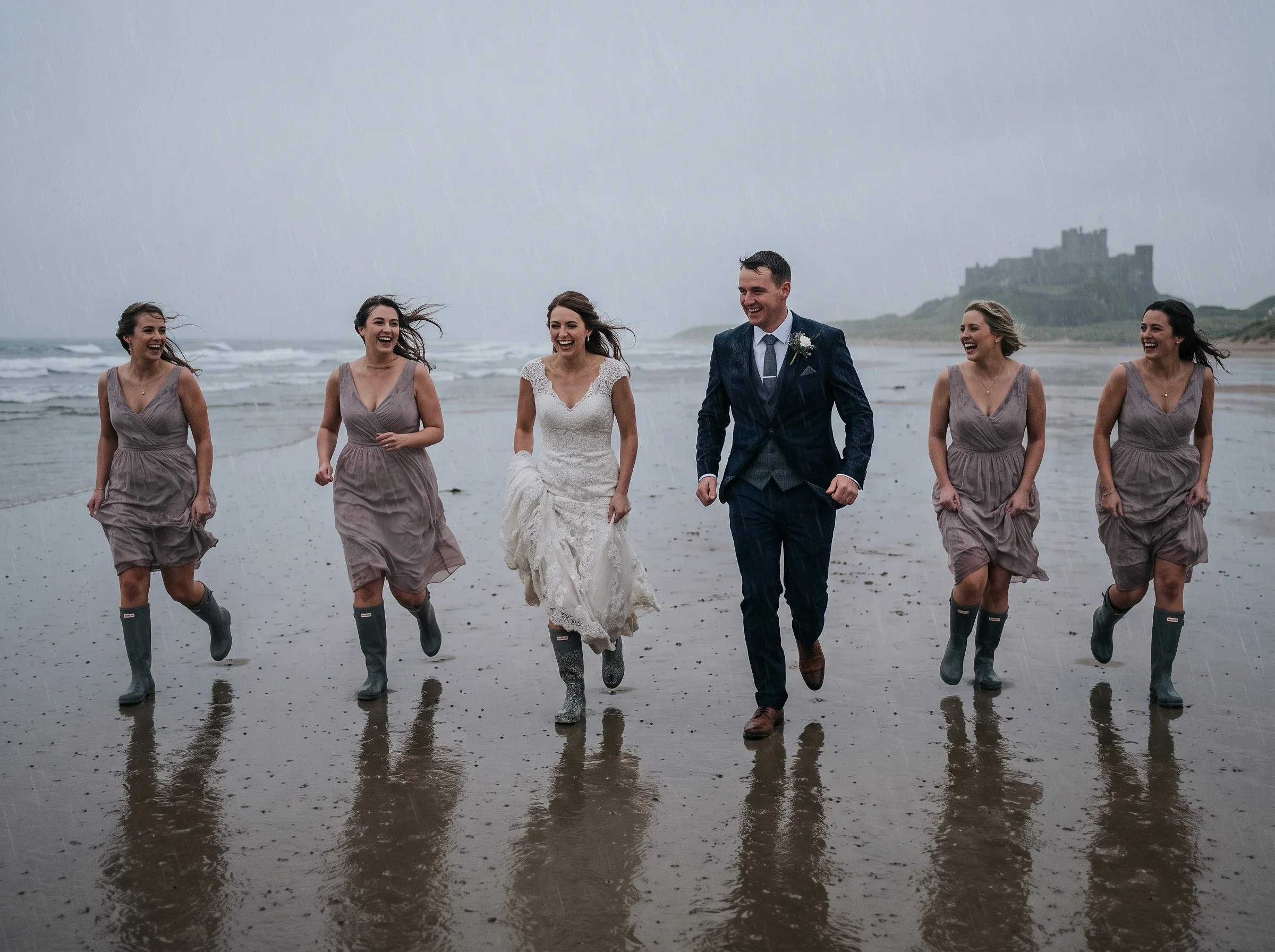 A bride, groom, and four bridesmaids in dresses and rain boots run across a wet beach in the rain.