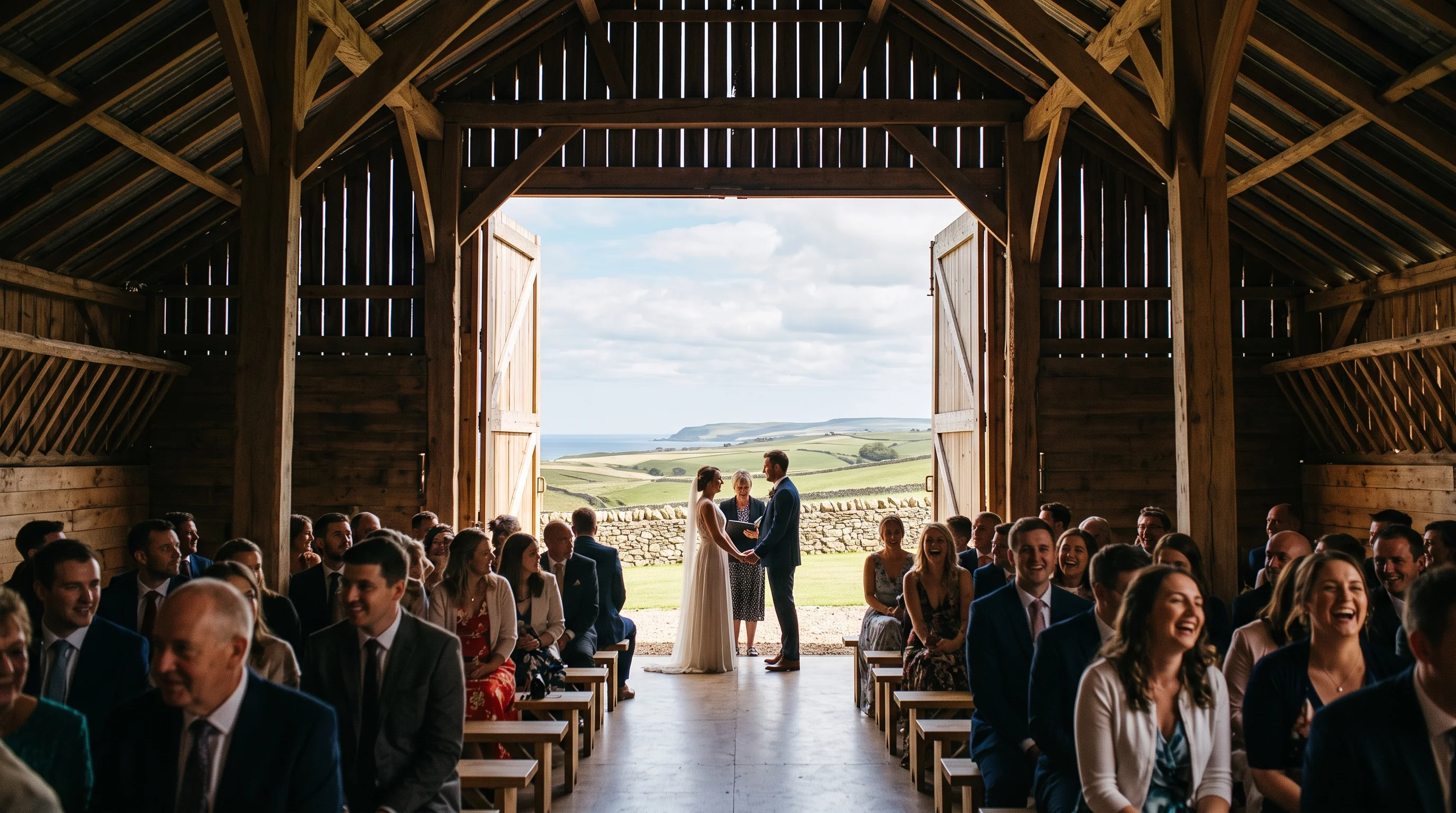 Guests on hay bales turn to laugh during vows in a barn whose open doors look out on hills and sheep