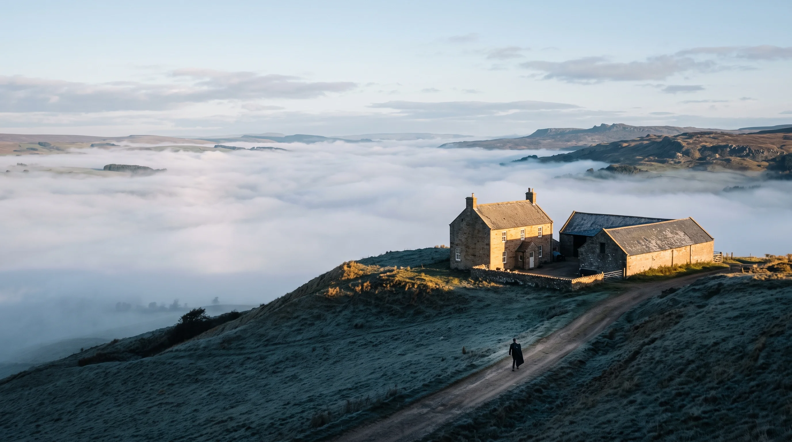 A farmhouse and barn on a hilltop above a mist-filled valley, one small figure carrying a dress bag across the yard