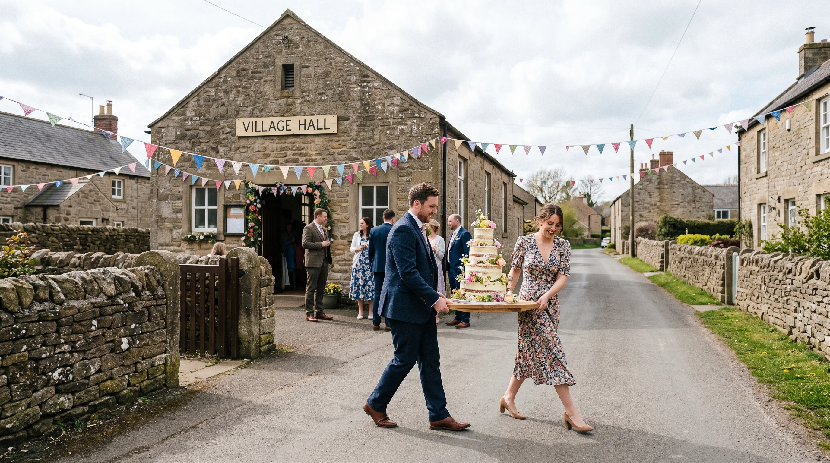 Two people carry a three-tier cake across the lane towards a stone village hall strung with bunting