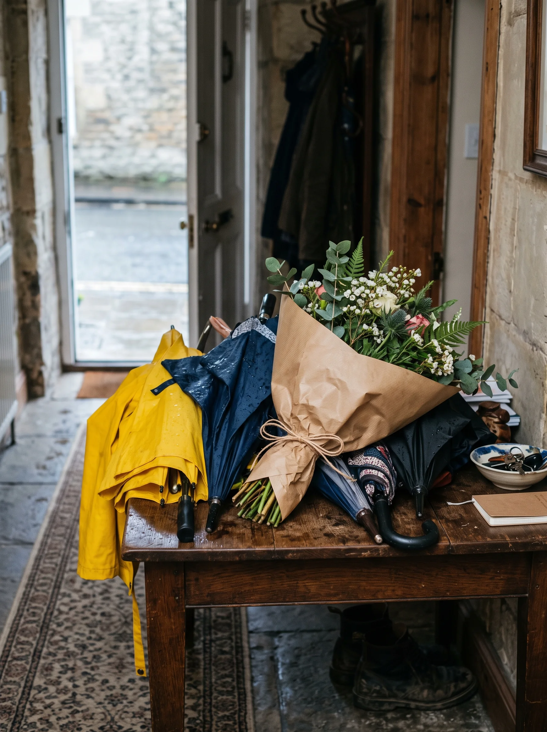 Umbrellas and a paper-wrapped bouquet piled on a hallway table beneath a child's yellow raincoat