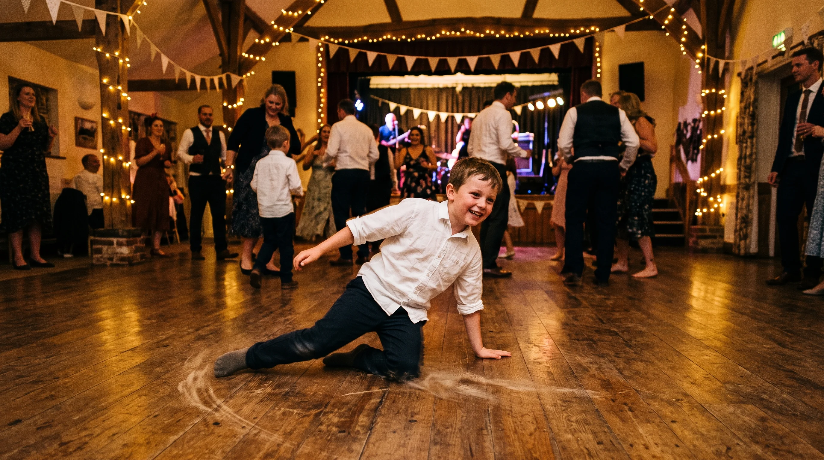 A boy in socks slides on his knees across a village hall dance floor under fairy lights while adults dance behind him