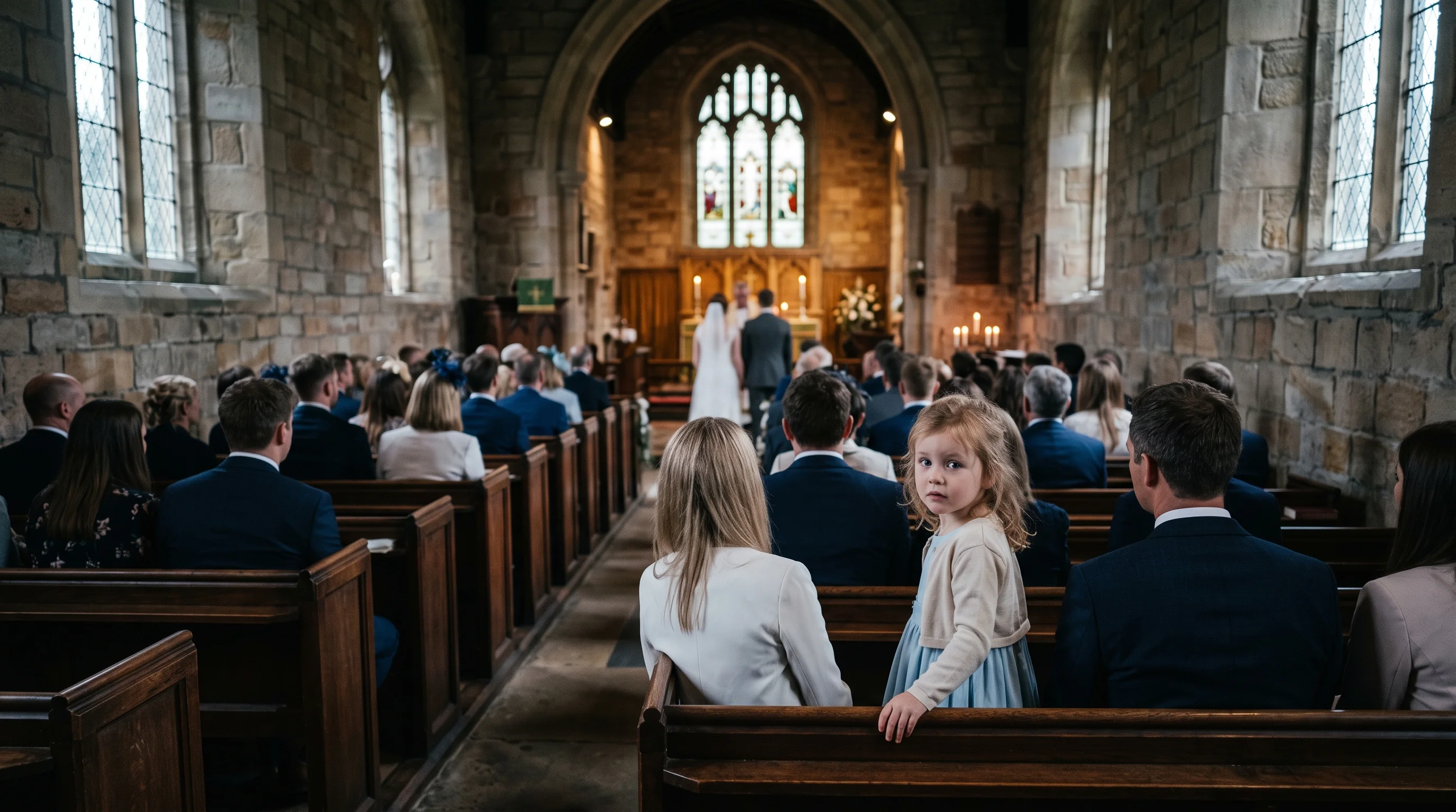Guests with rain-wet shoulders fill the pews of a small stone church while a girl turns round in her seat