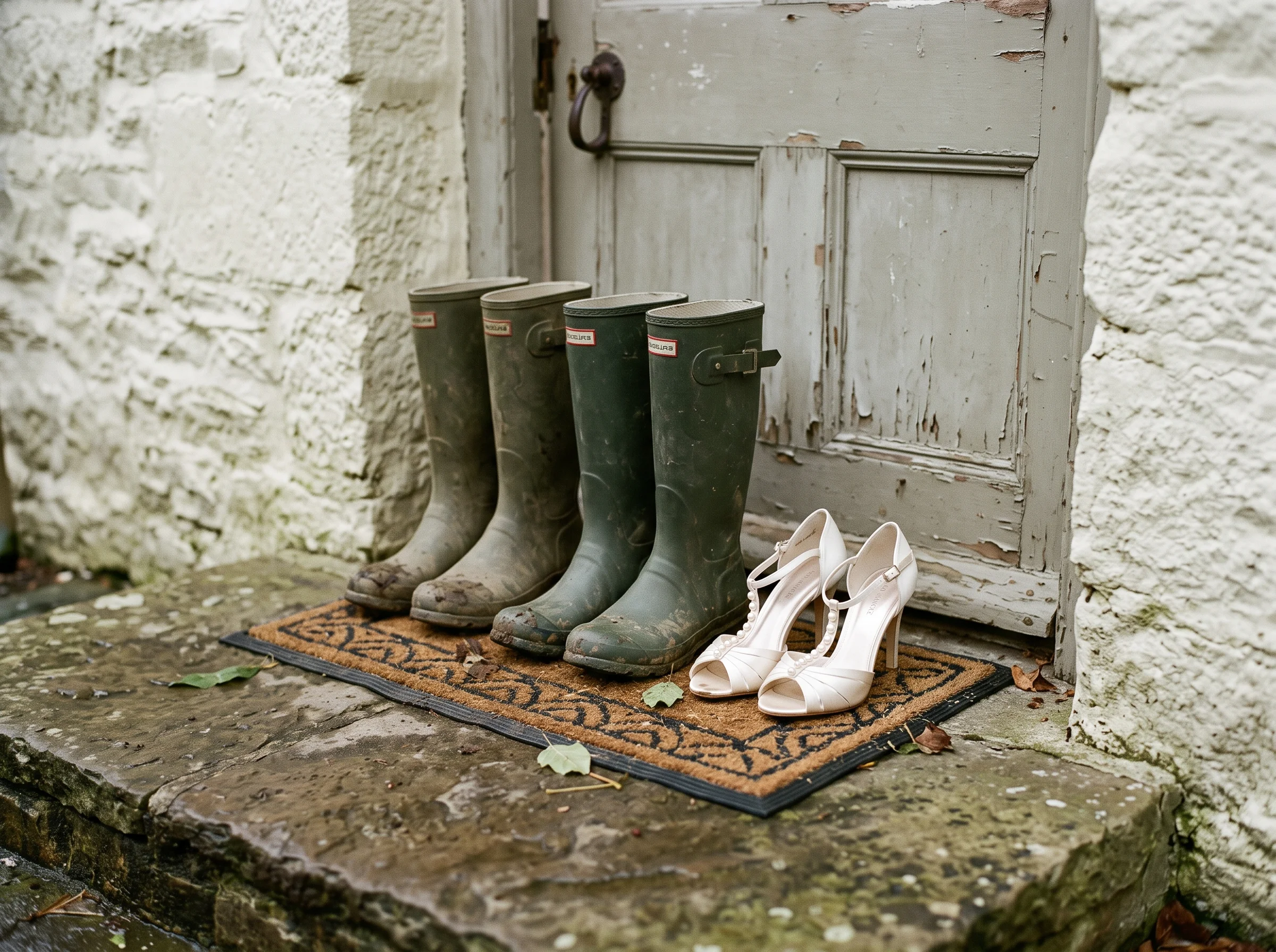 Muddy wellies and one pair of satin heels lined up by a farmhouse back door