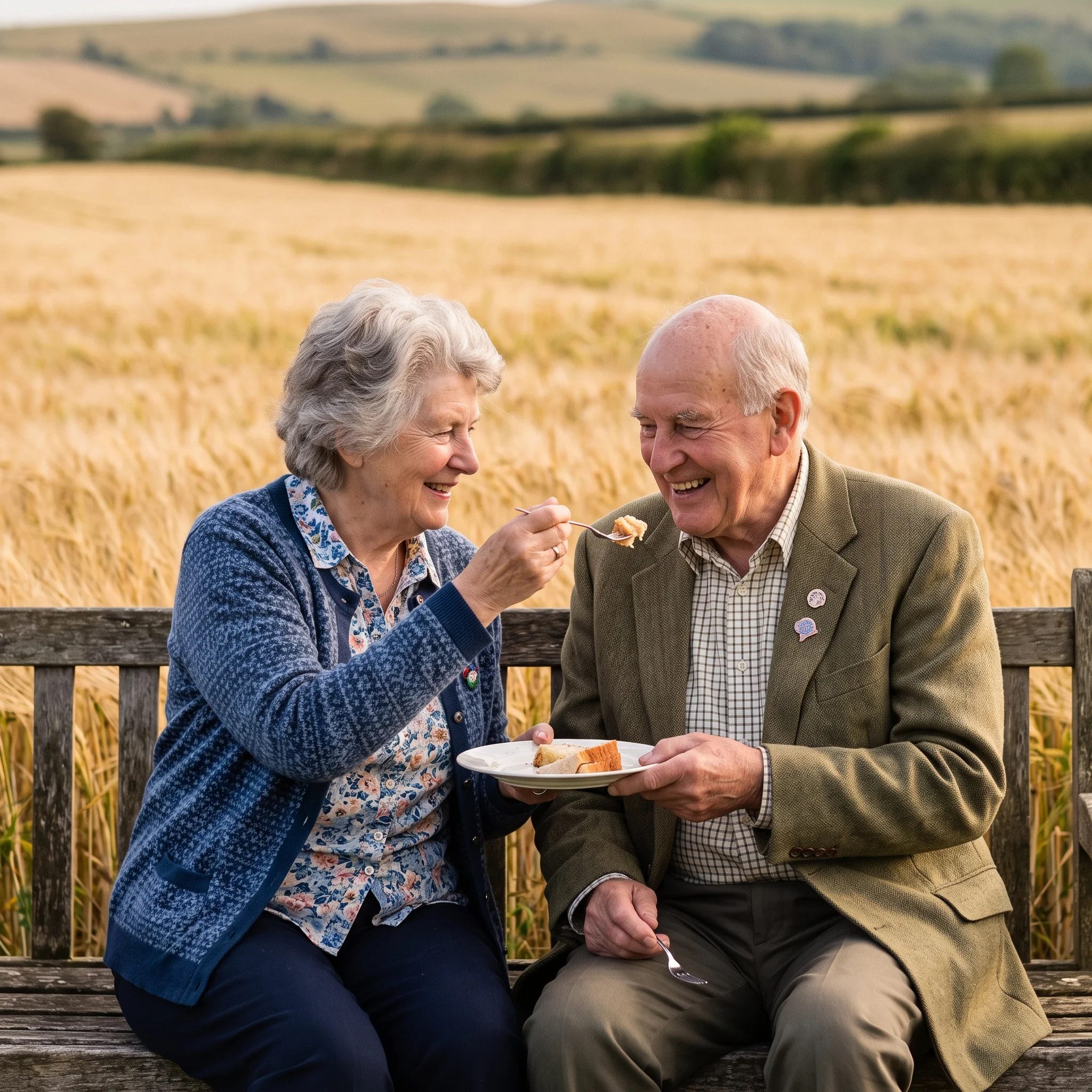 Two grandparents under a tartan blanket share a plate of food on a bench at the edge of a field