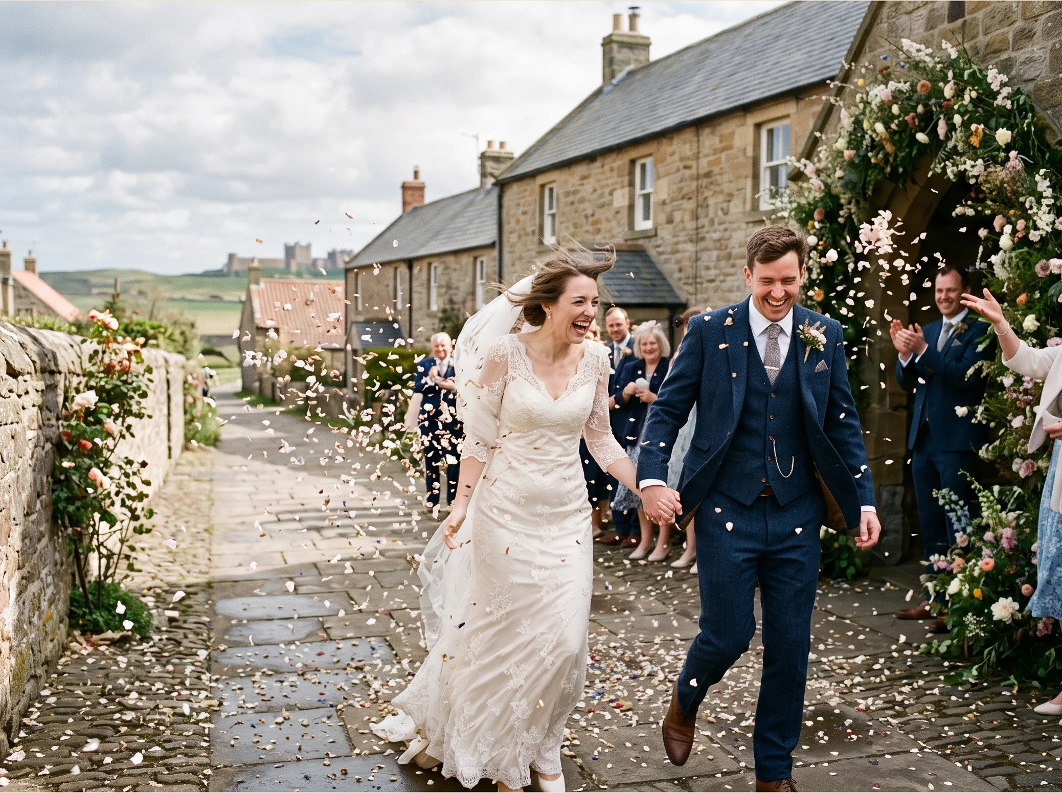 A gust takes confetti and blossom sideways over a couple on the lane outside a village hall