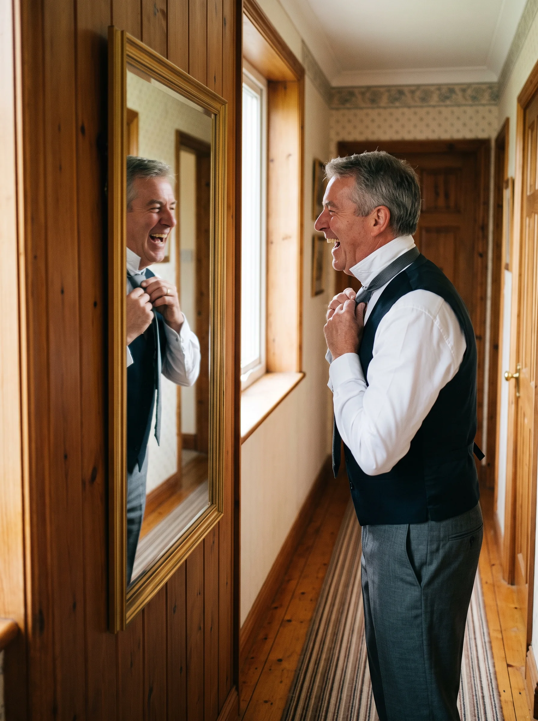 A man in a white shirt and vest laughs while adjusting his tie in a hallway mirror.