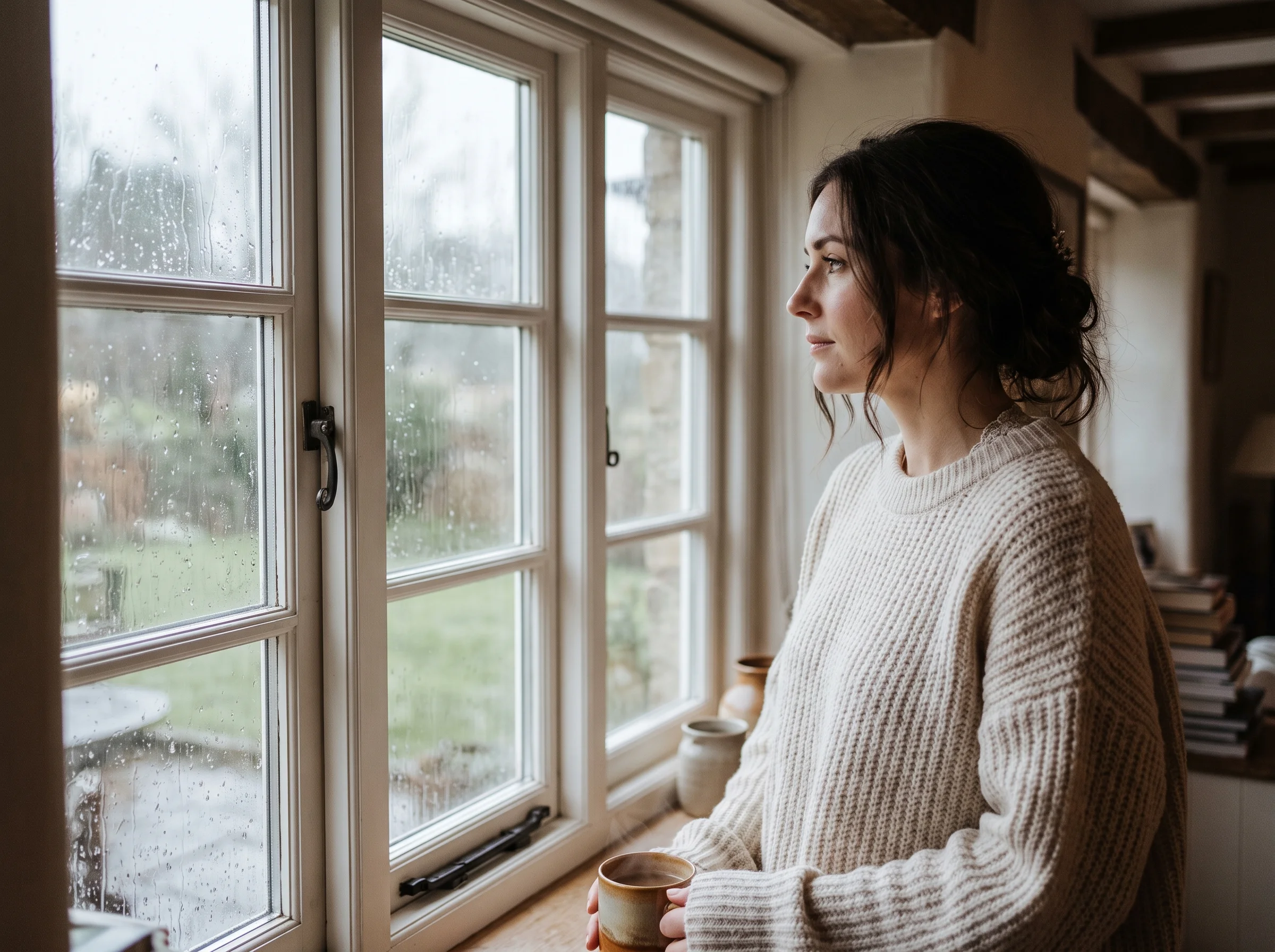 A woman in a cream sweater holds a mug while looking out a rain-streaked window from inside a rustic cottage.