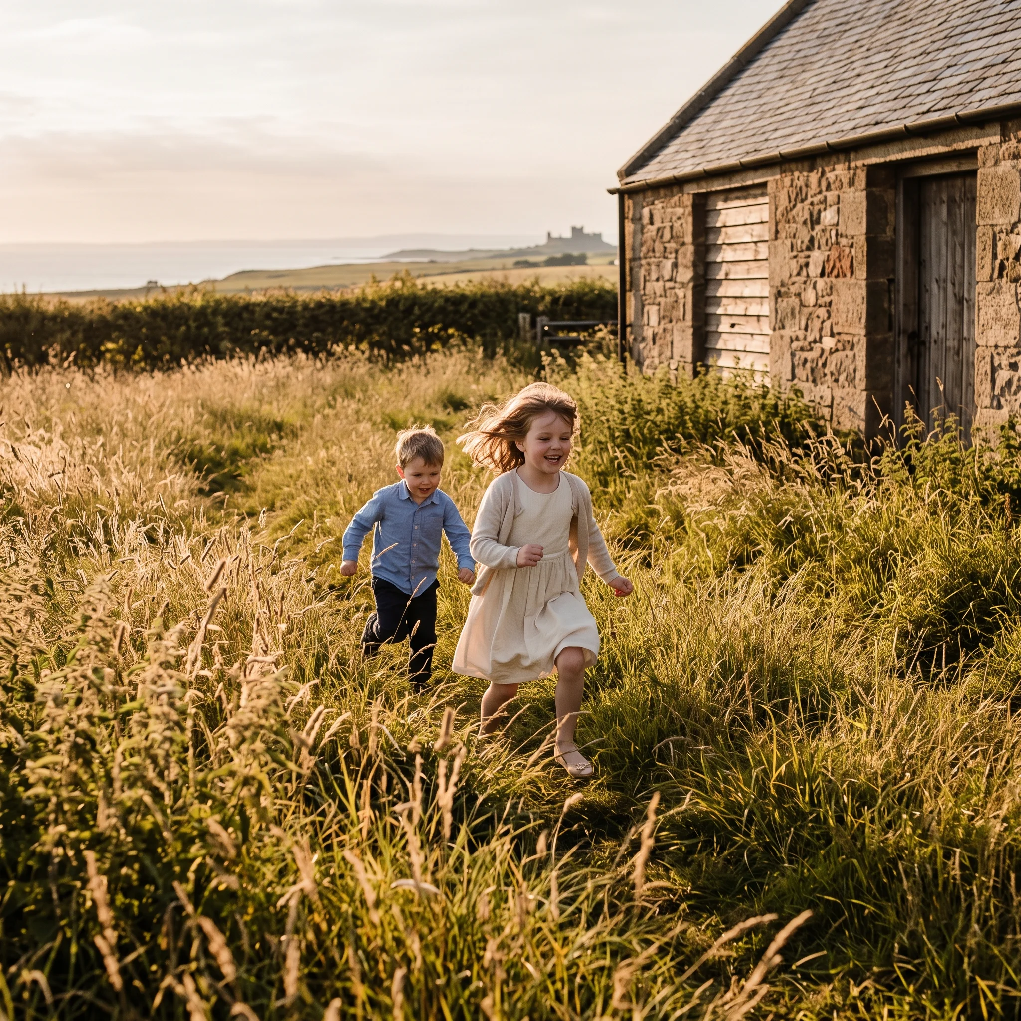 Two children chase each other through long grass beside a barn in golden light