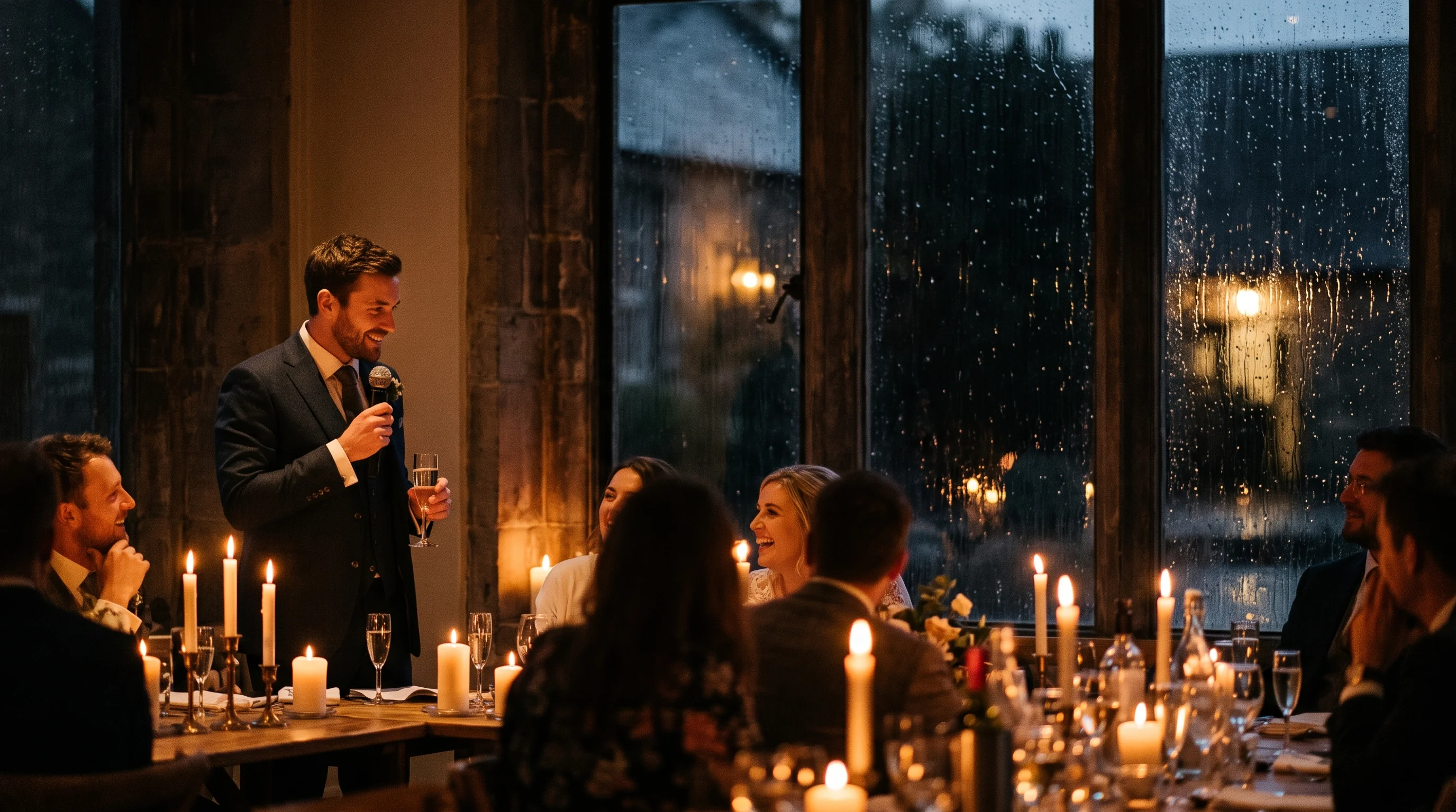 A father gives a speech by candlelight while the couple hide their faces laughing and rain runs down the dark windows