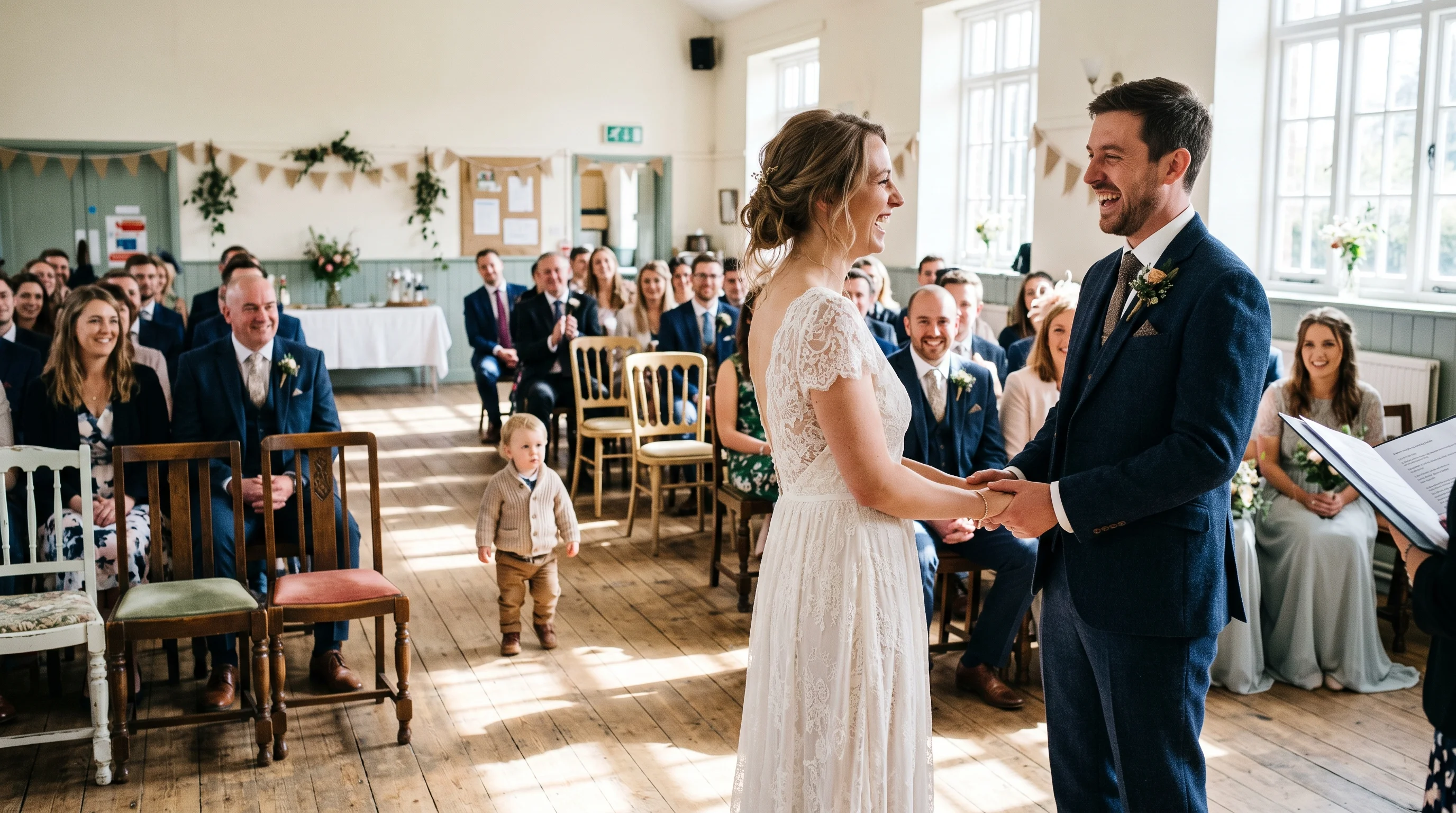 A couple laugh mid-vows in a village hall as daylight falls across the floor and a toddler wanders the aisle