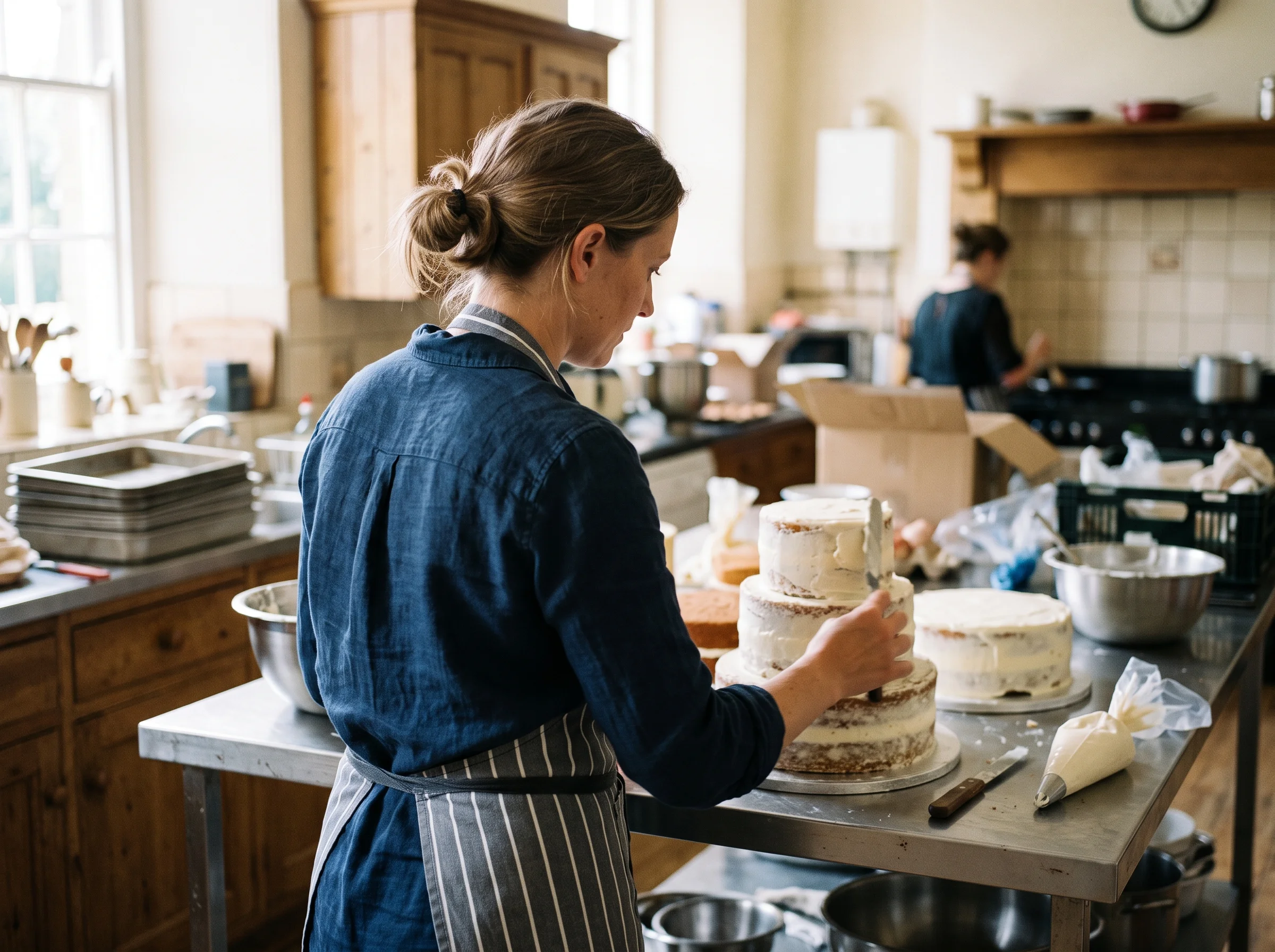 A woman in an apron ices small cakes in a hall kitchen, flour on her arms and steam rising behind her