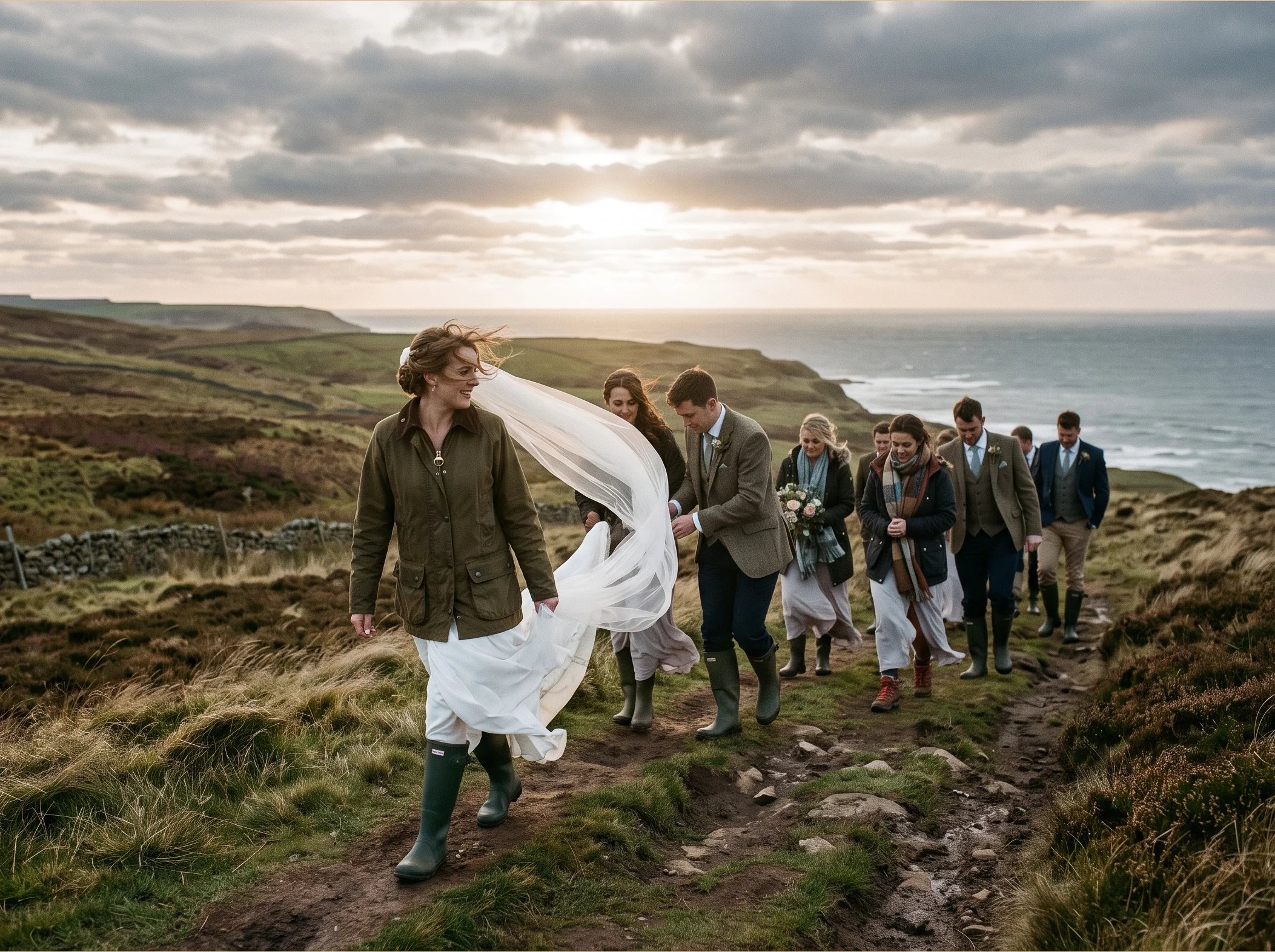 A bride in wellies and a waxed jacket leads the wedding party up a windy hill, veil streaming behind