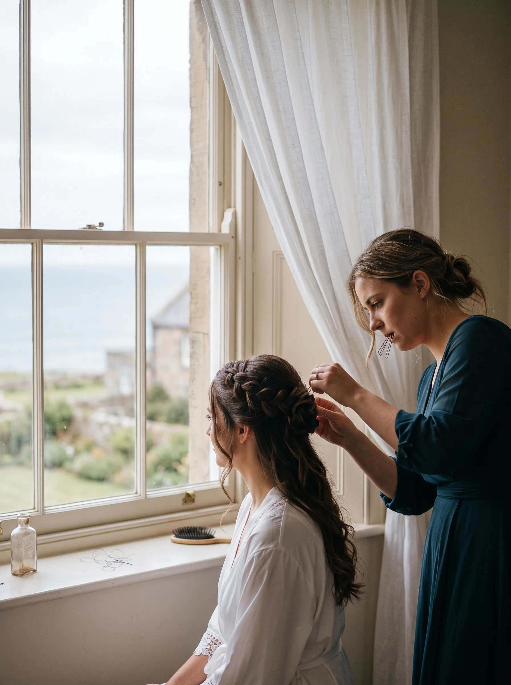 A friend with hairpins between her lips pins up a bride's hair beside a sash window
