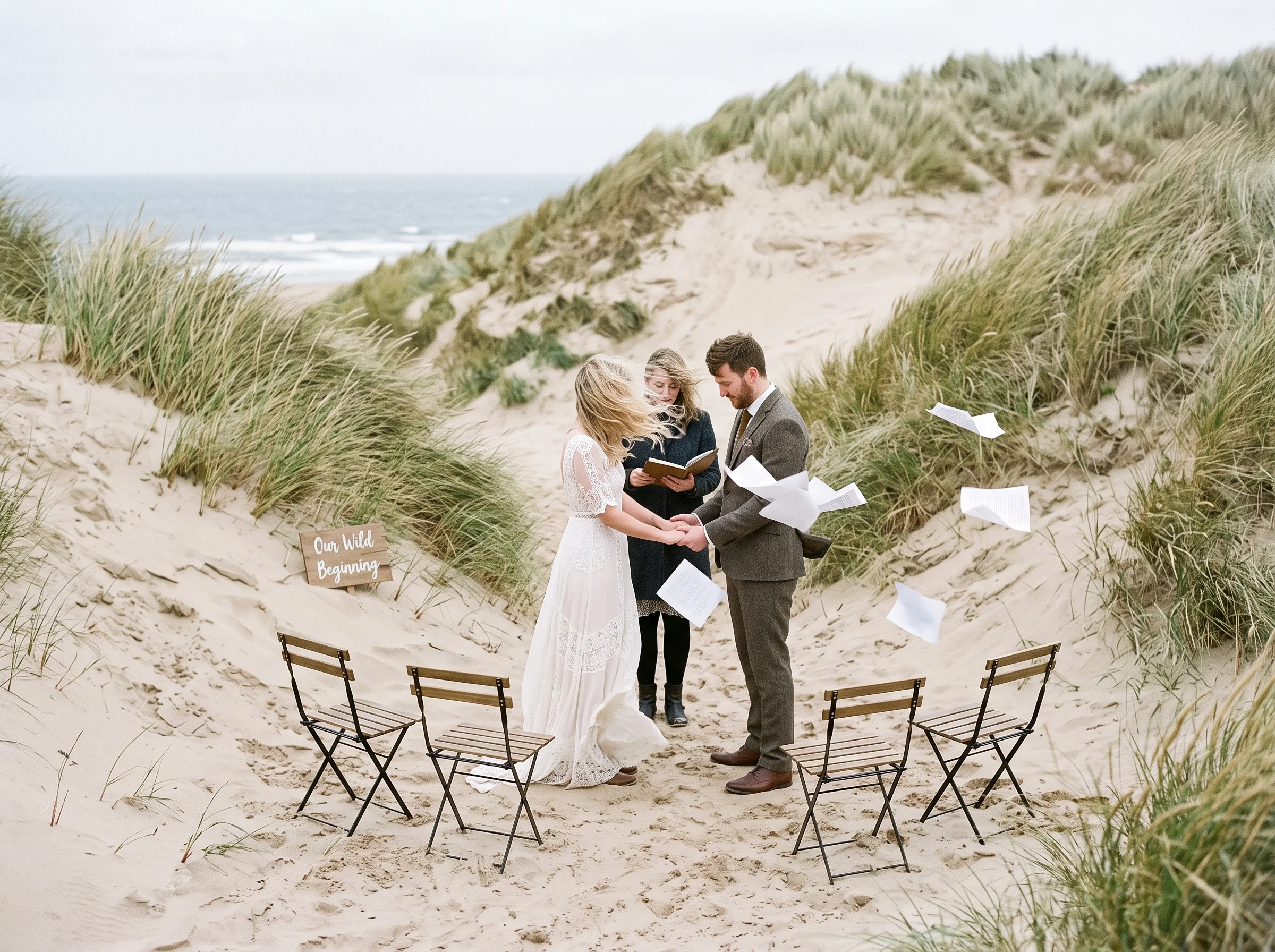 A couple hold hands during a short ceremony in a dune hollow while the celebrant's papers flap in the wind