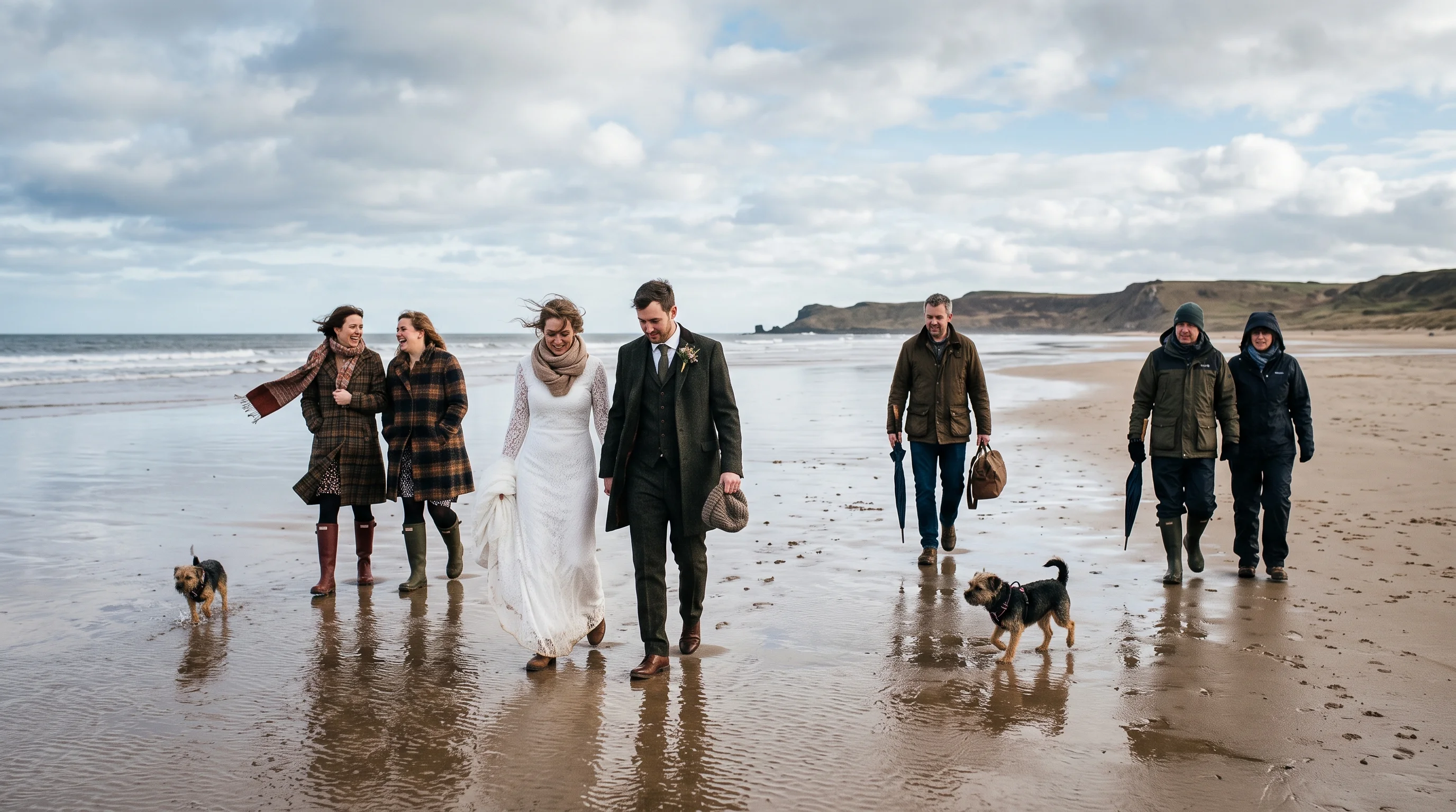 A bride and groom walk along a wet sandy beach accompanied by four guests and two small dogs under a cloudy sky.