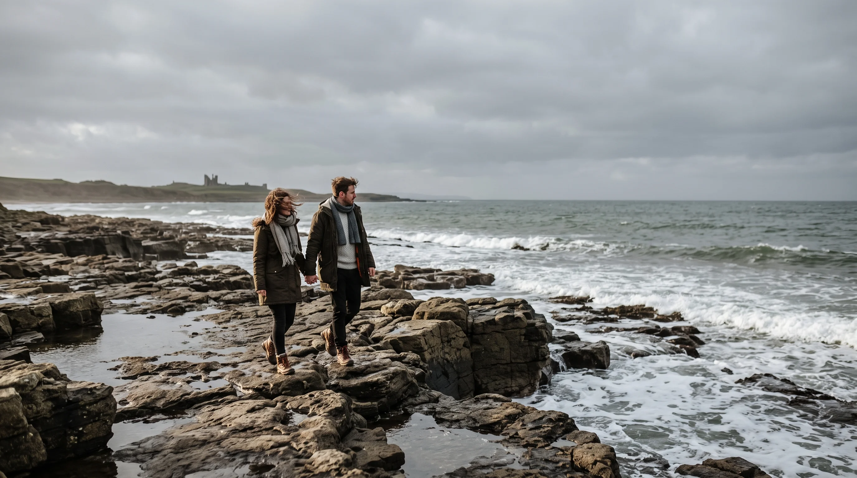 A couple walks along a rocky foreshore next to a grey sea under an overcast sky.