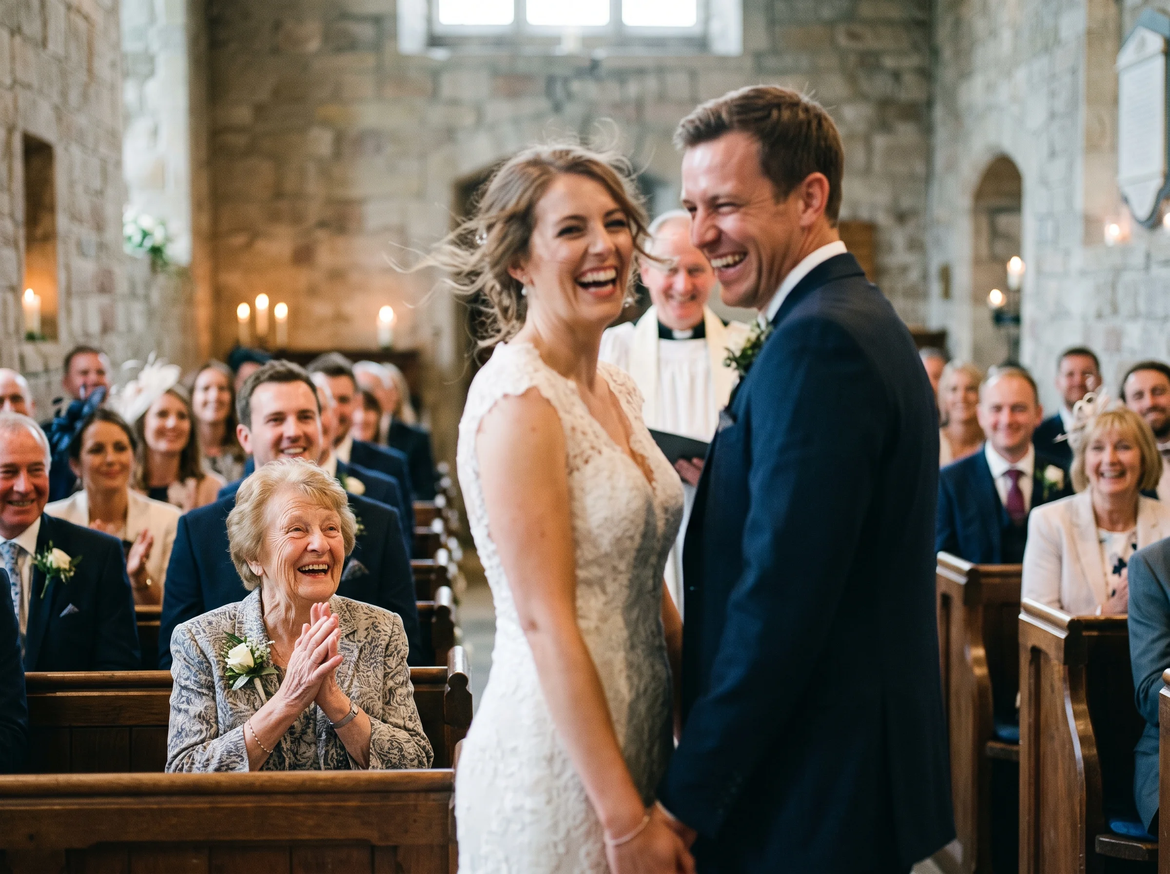 A bride and groom laugh as they look toward guests in a stone church, with an elderly woman clapping in the foreground.