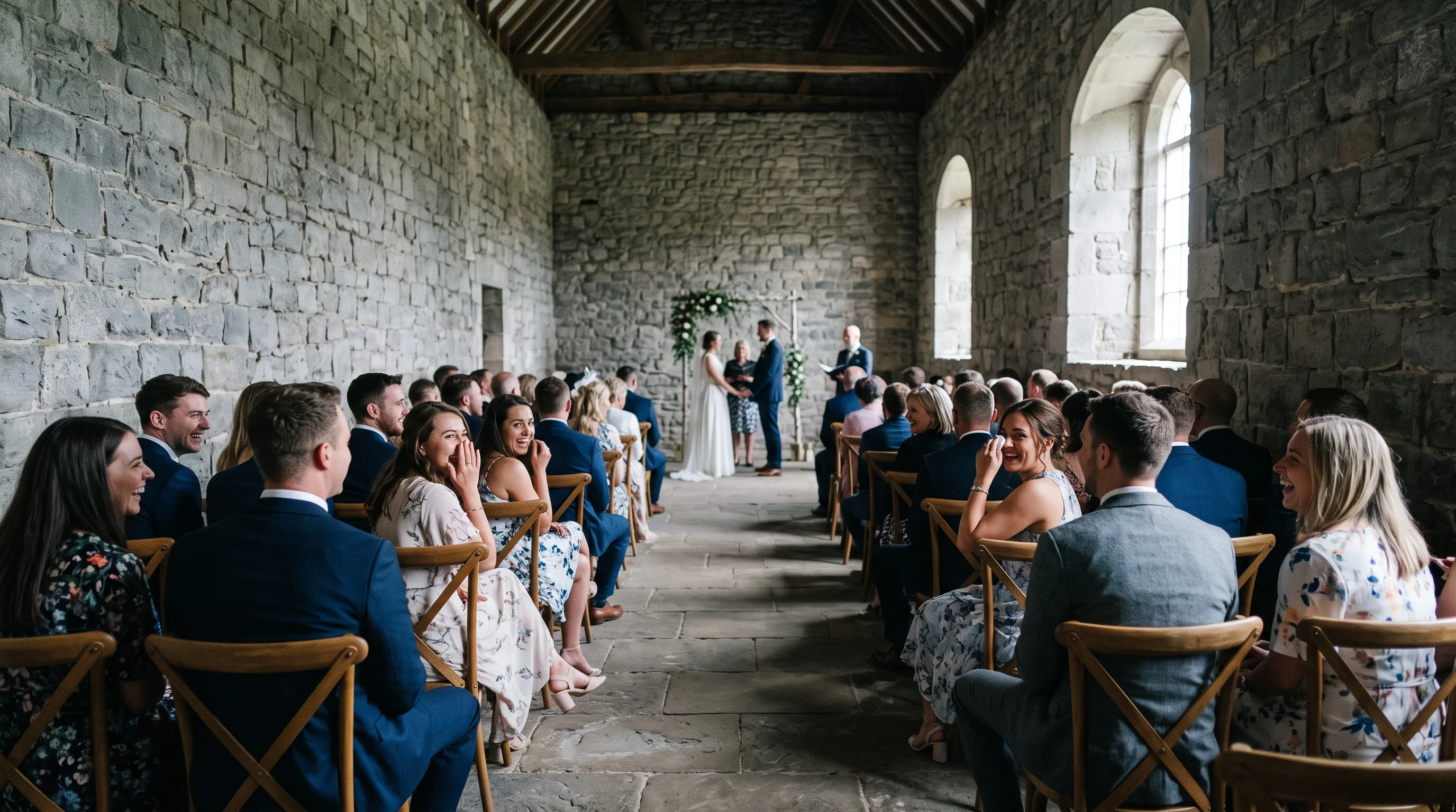 Guests laugh and wipe their eyes in a small stone room while the couple stand at the far end under a window