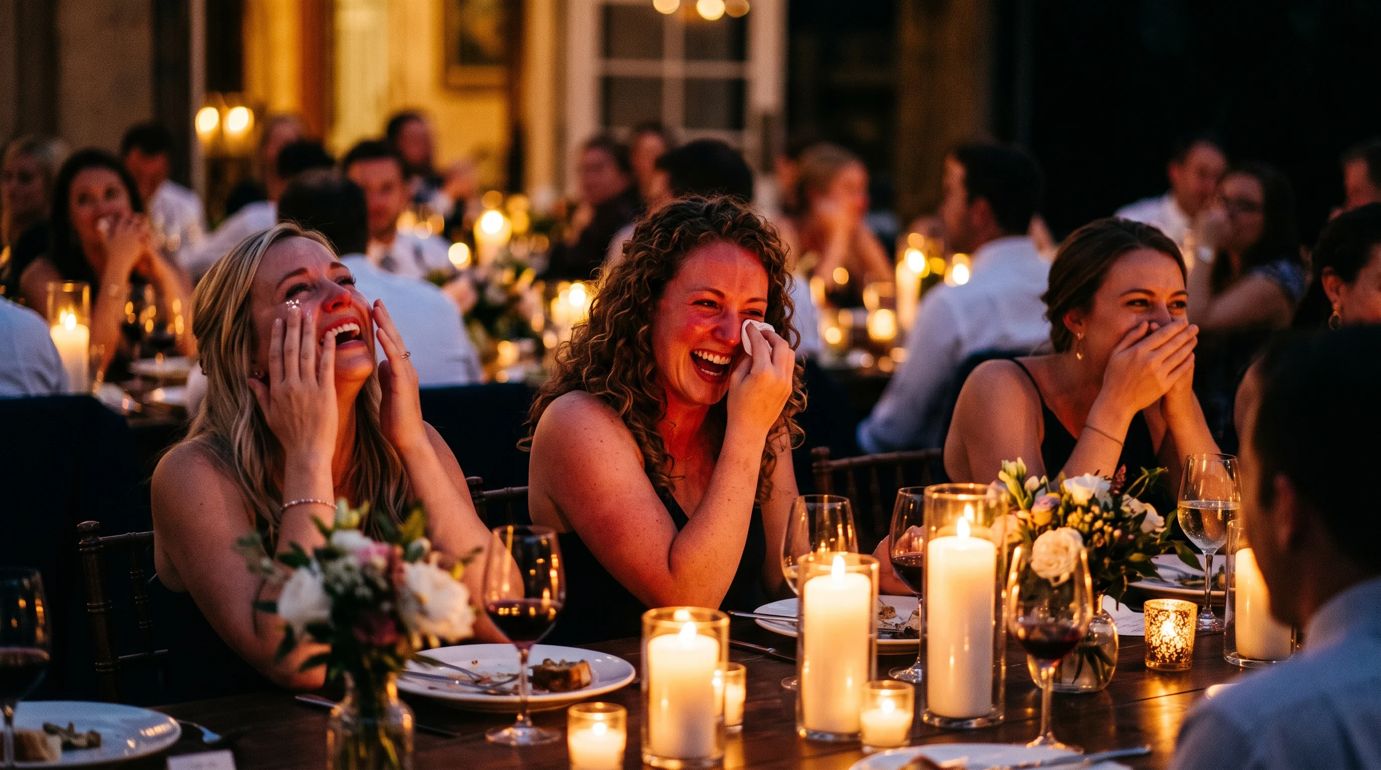 Three guests at a candlelit table cry with laughter during the speeches