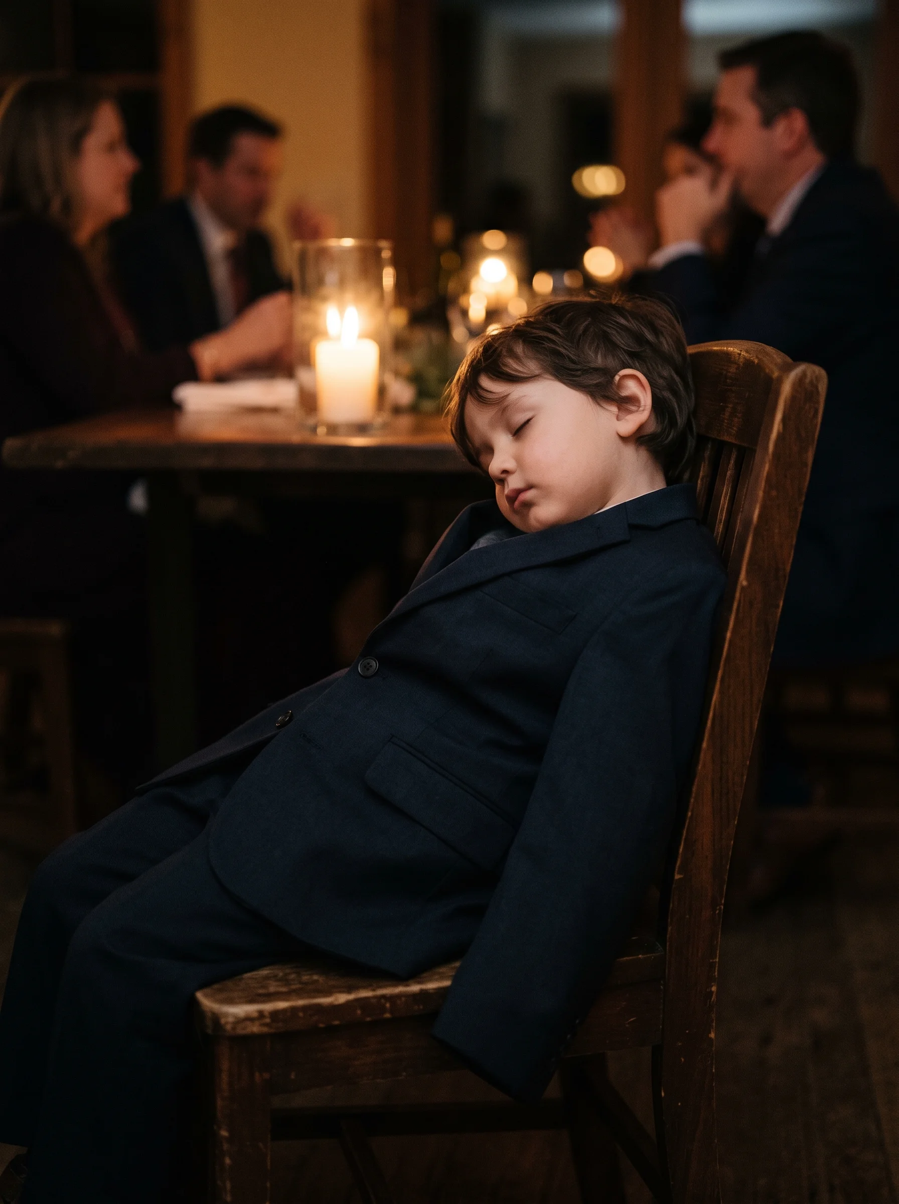 A child in a dark suit sleeps sitting back in a wooden chair.