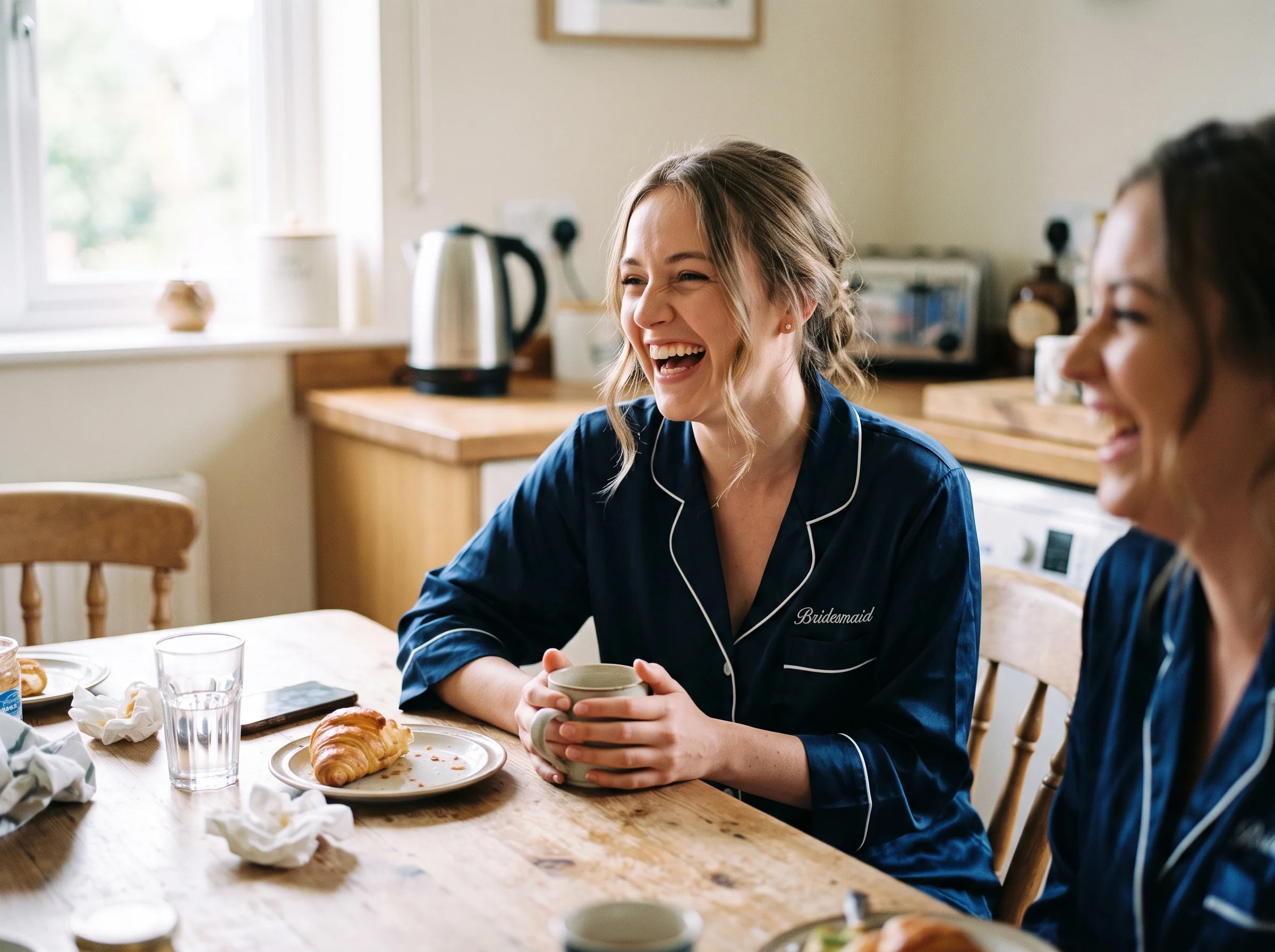 A bridesmaid in a dressing gown laughs with her head back at a kitchen table