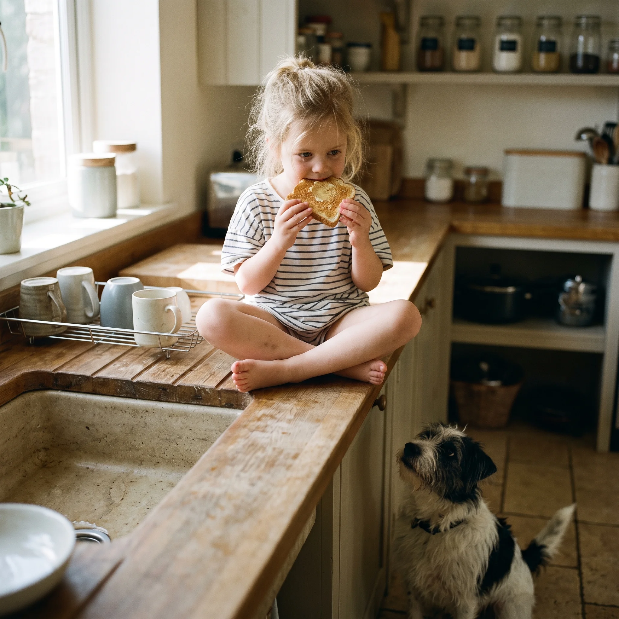A small girl sits on a kitchen worktop eating toast while a dog waits below