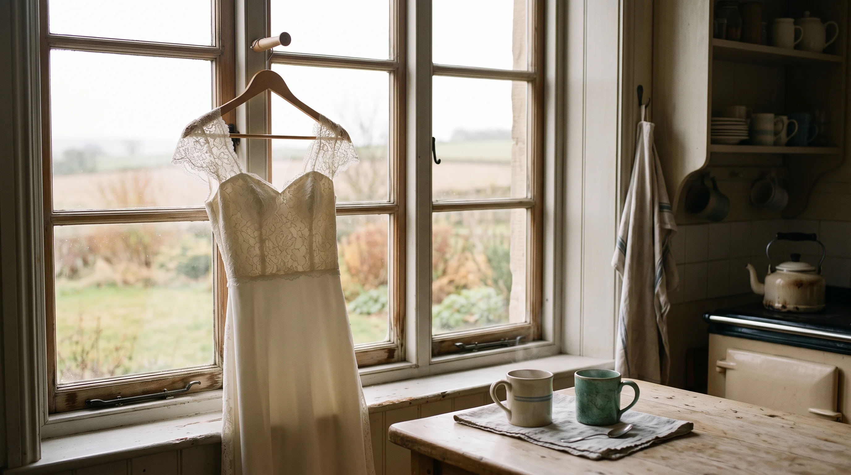 A wedding dress hangs over a kitchen door beside a window, with two mugs of tea on the table