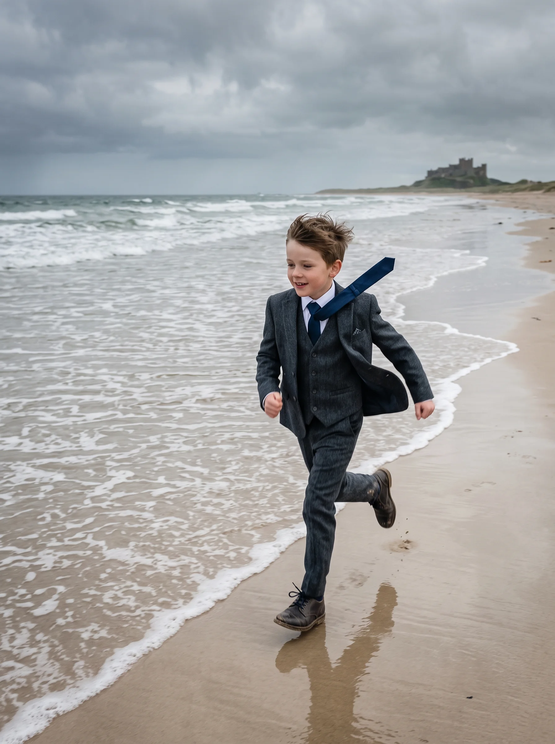 A small boy in a suit runs along the tide line, his tie flying behind him