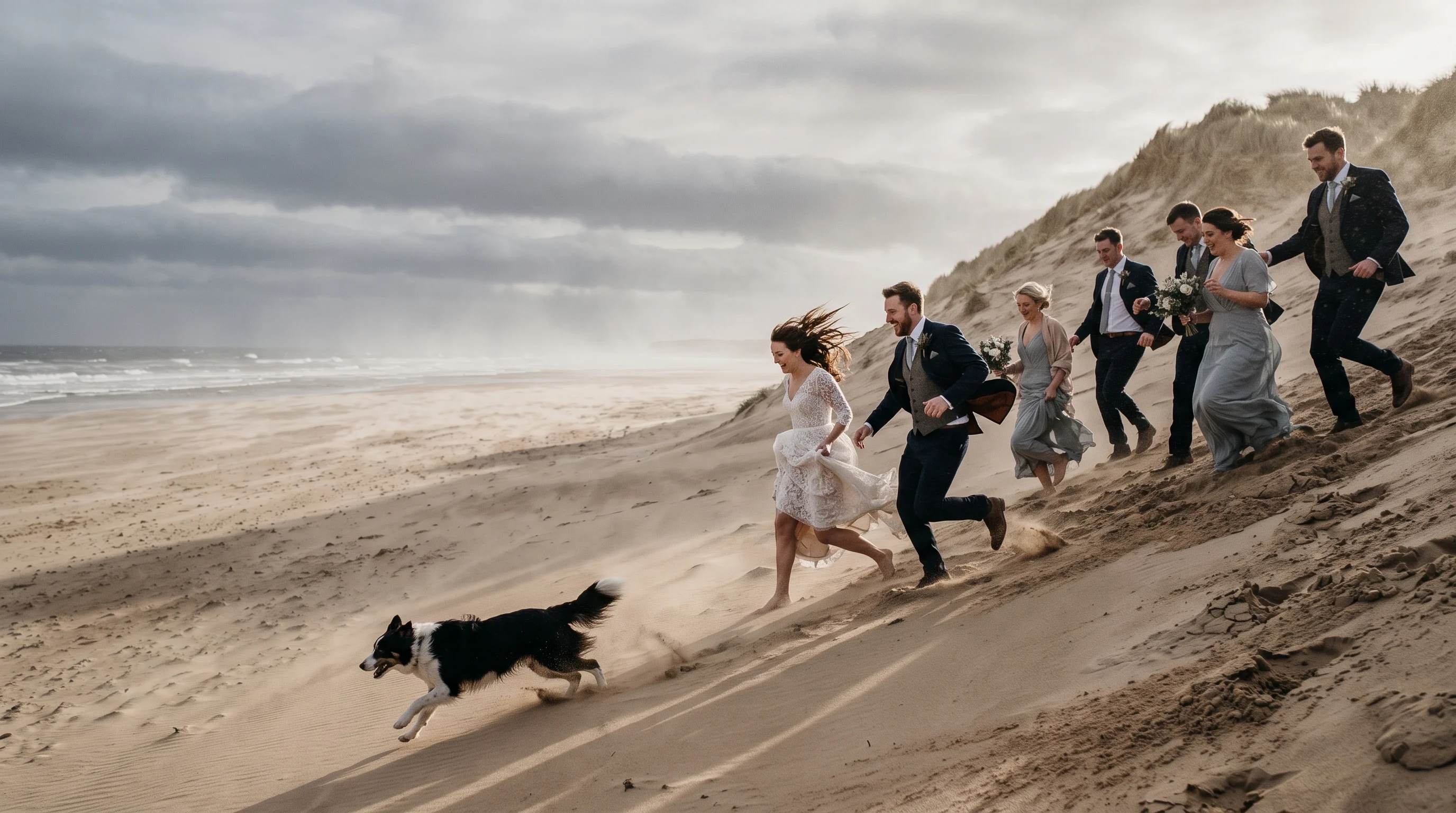 A wedding party runs down a sand dune in a gale, coats and dress blown sideways, a dog racing ahead