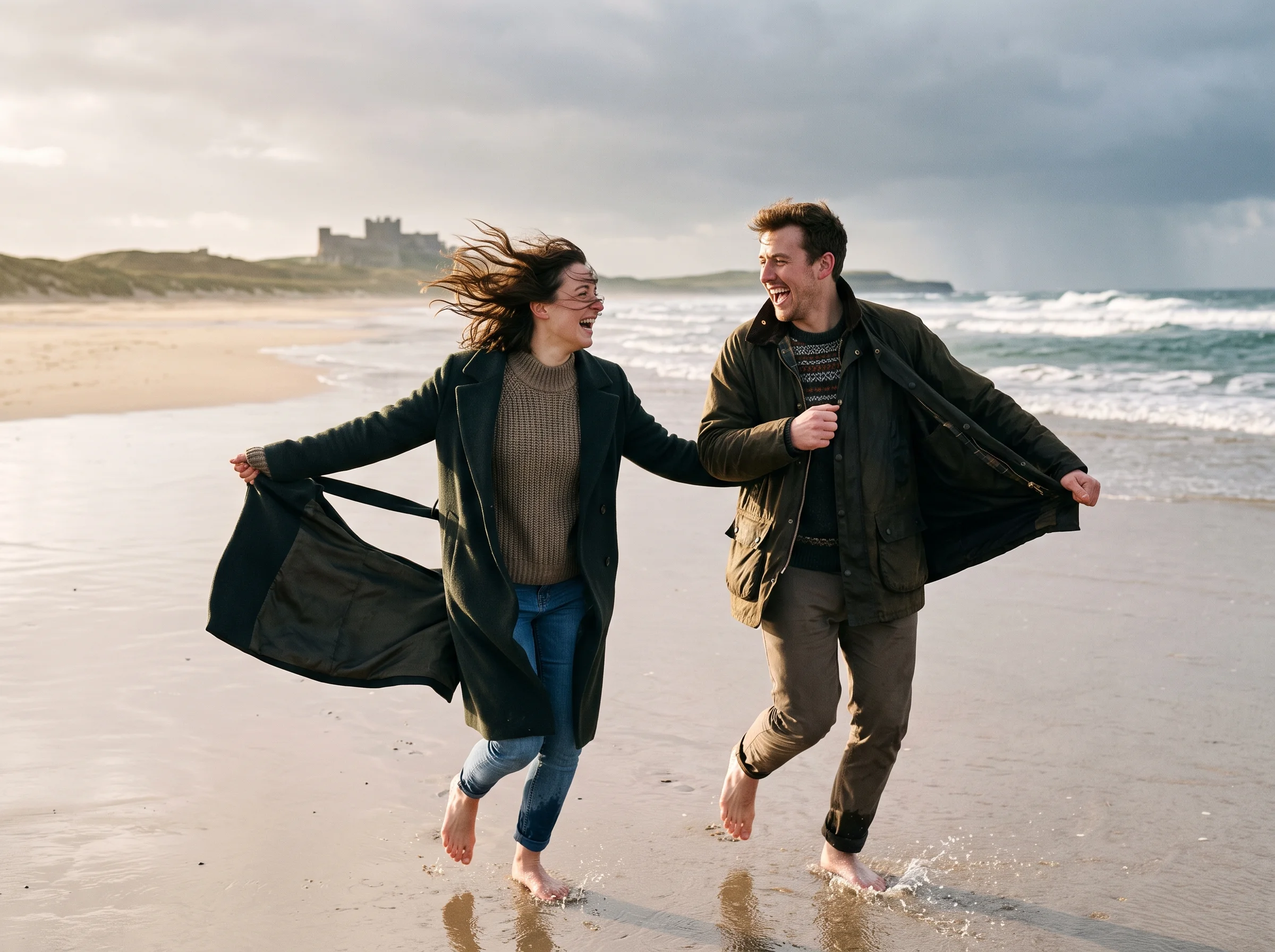 A man and a woman run and laugh on a beach while holding their coats open to the wind.