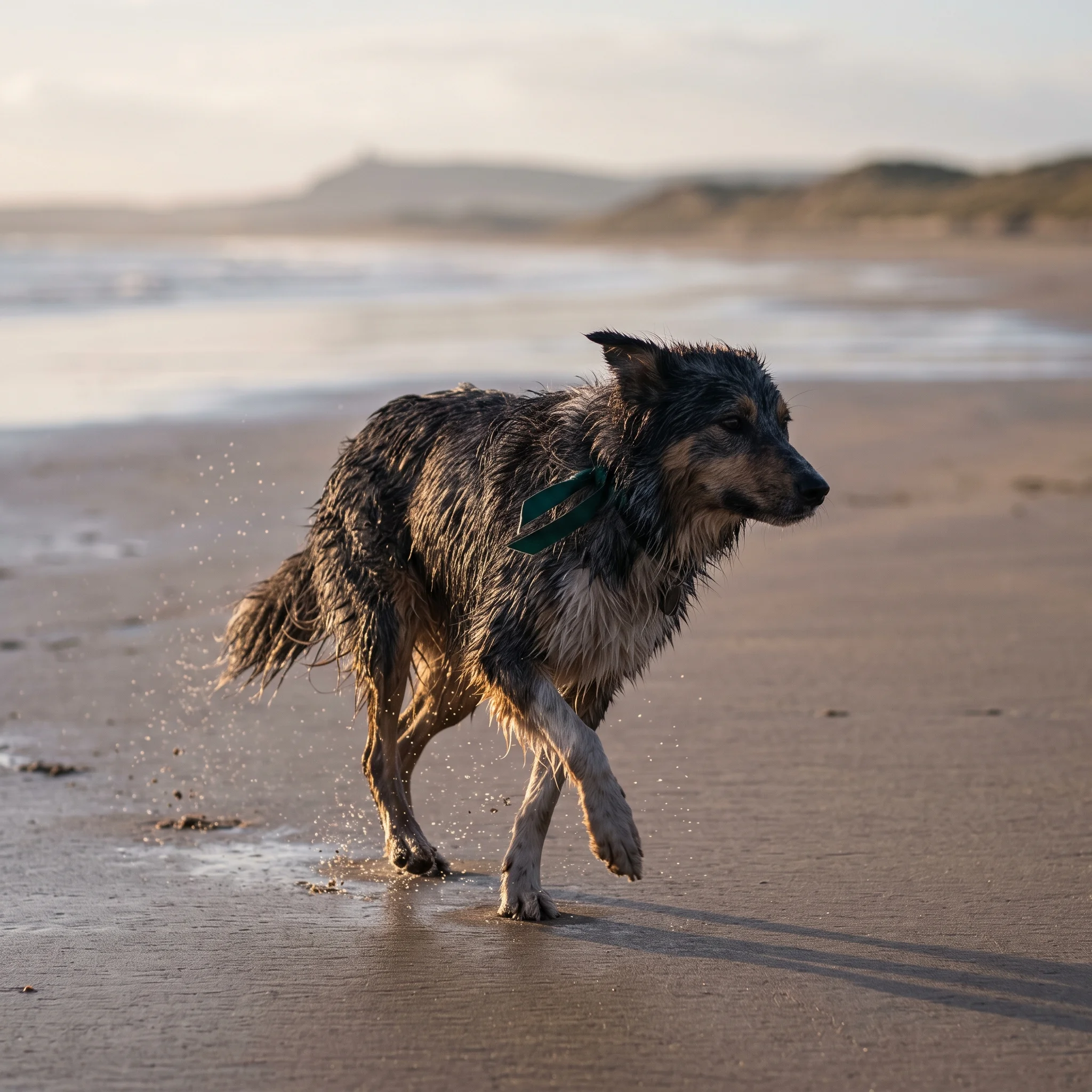 A wet collie with a ribbon on its collar runs across hard sand, ears blown inside out