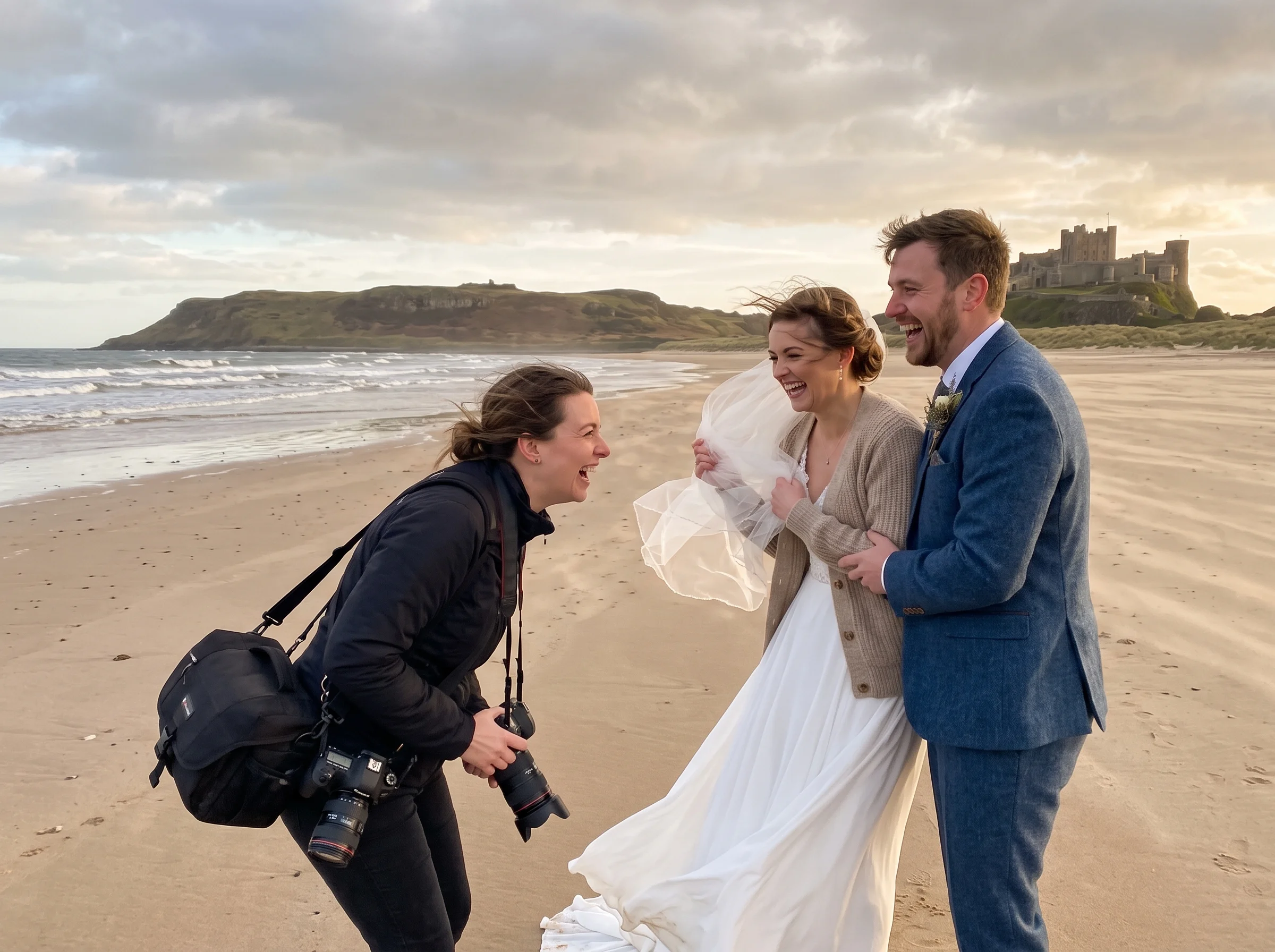 A photographer with a camera laughs with a couple on a windy beach in late light